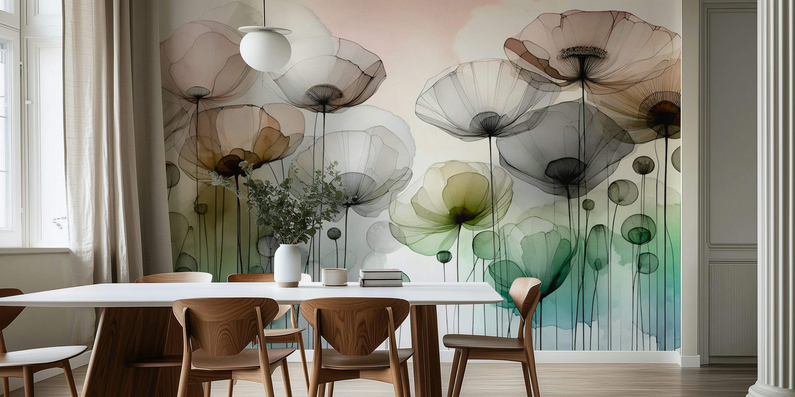 Ink Wash Flower Field wallpaper in a room