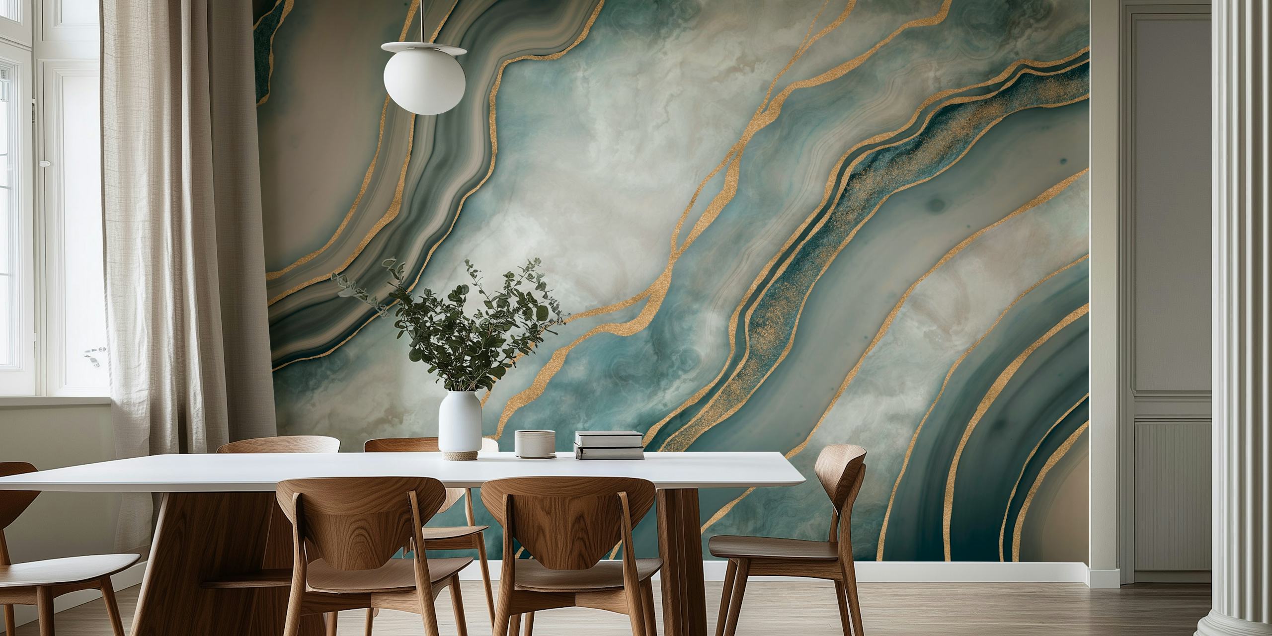 Teal and gold marbled wallpaper design