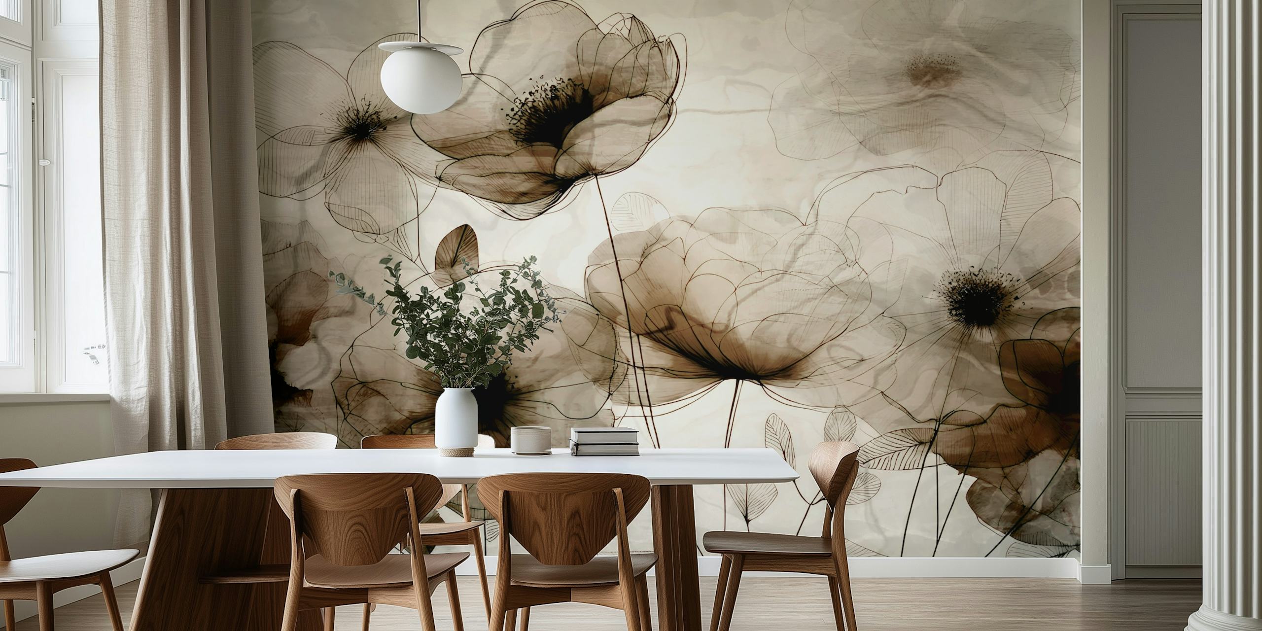 Papel tapiz Ethereal Floral Sketch en una habitación