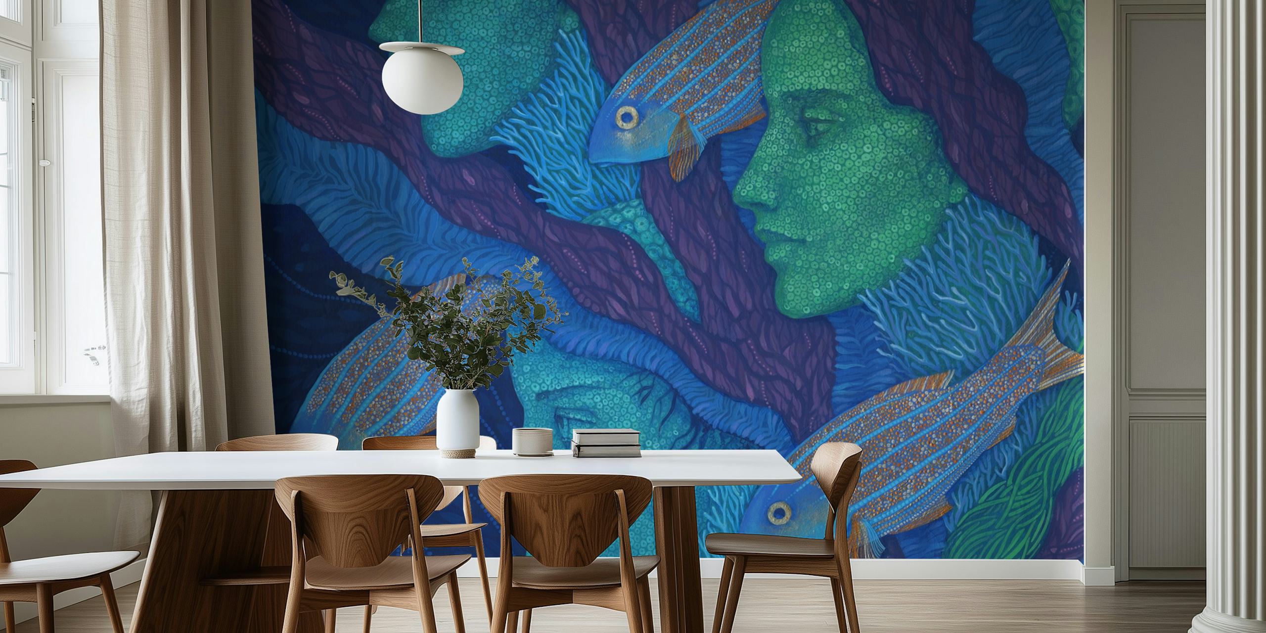Mermaids and fish in vibrant blue and green colors wallpaper