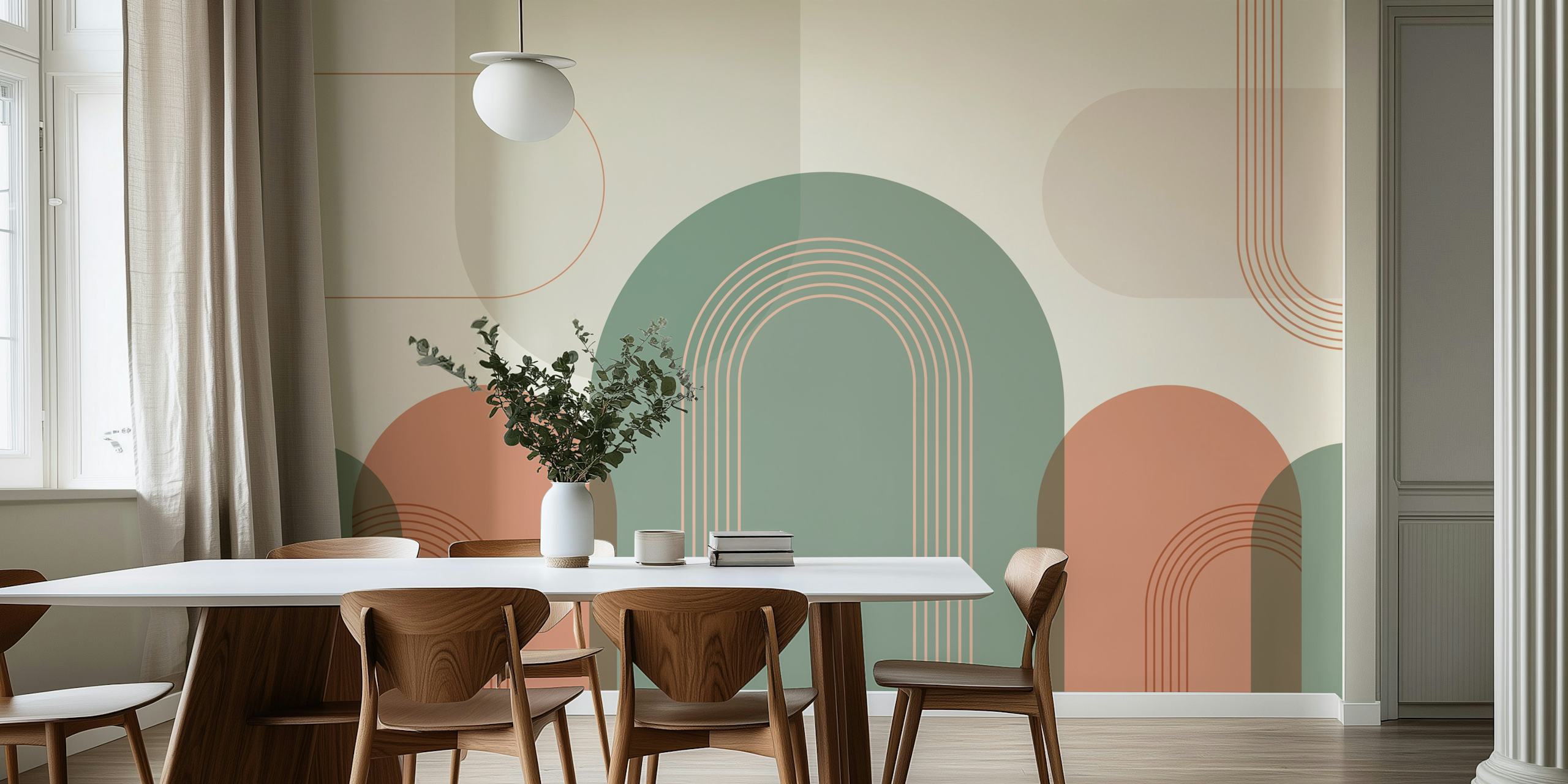 Abstract arch shapes in green and terracotta colors wallpaper