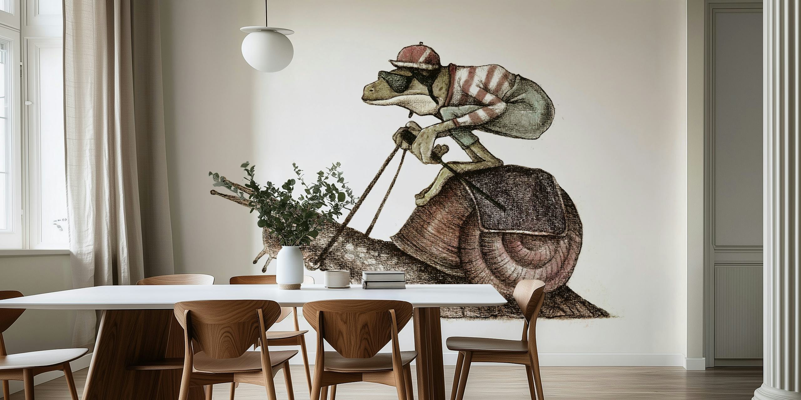 A whimsical snail racing scene with a frog on top, illustrated in soft colors, wallpaper
