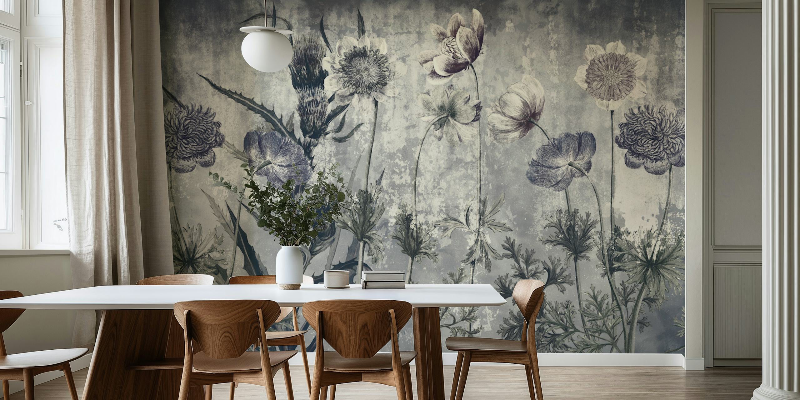 Dark vintage floral wallpaper in a room