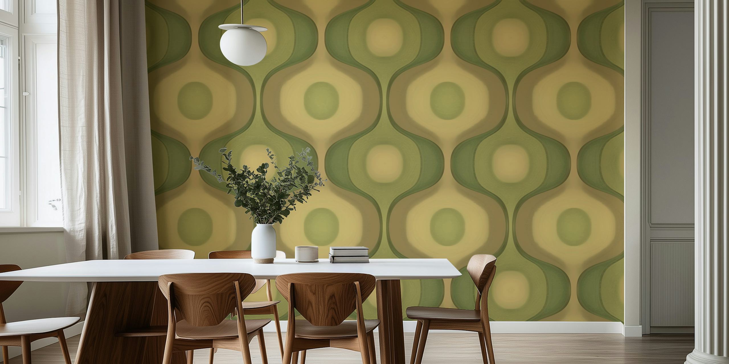 Textured moody green 70s geo wallpaper in a room.