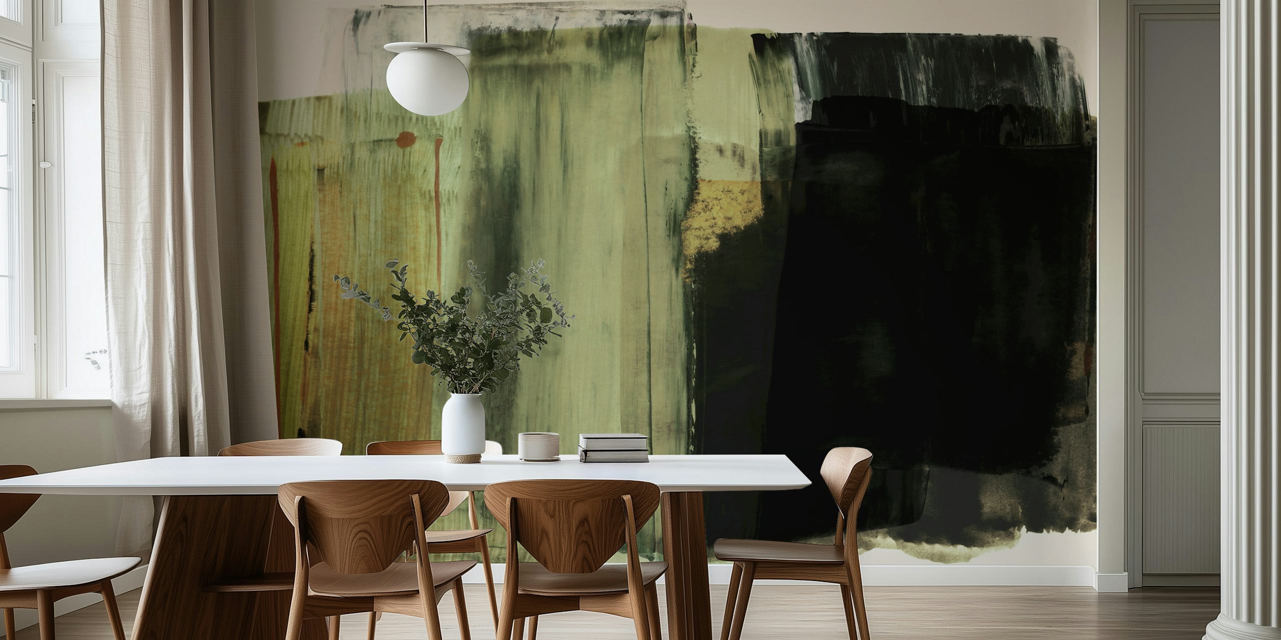 Abstract brushstroke wallpaper with earthy green and black colors, modern style