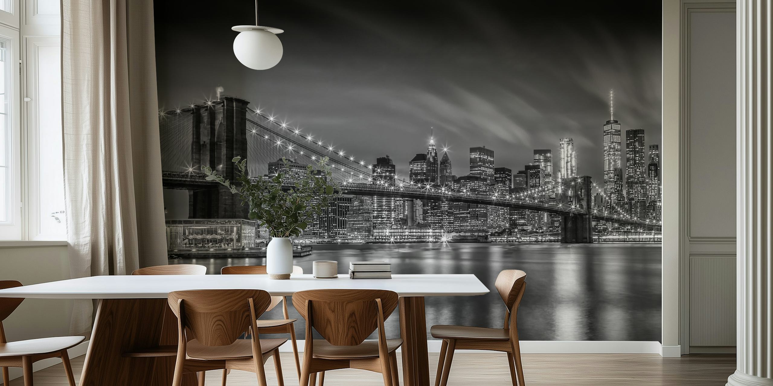 Carta Da Parati Monocroma Di Brooklyn Bridge In Una Stanza