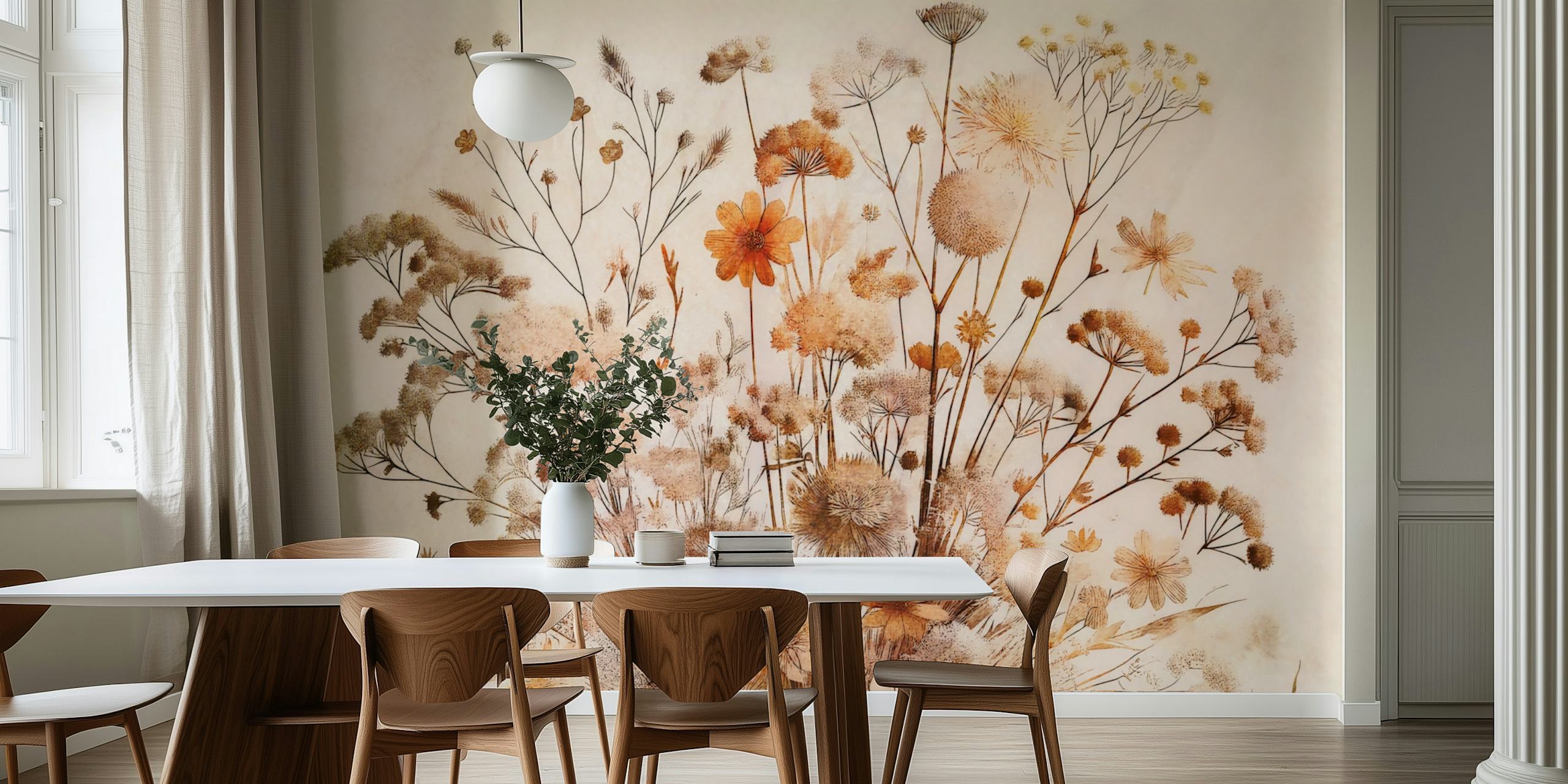 Dried autumn flora with delicate flowers and stems in warm beige and brown tones wallpaper