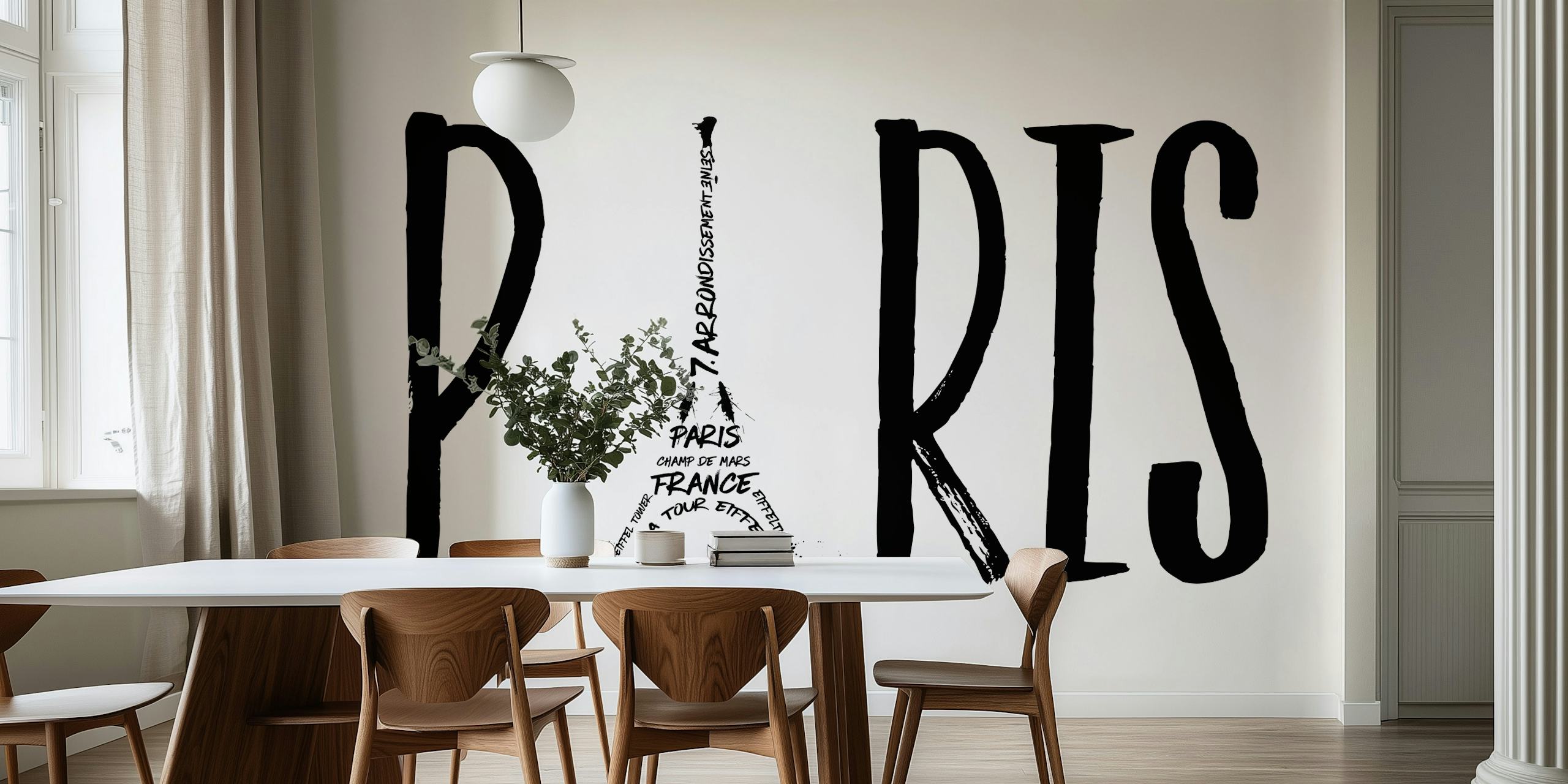 Sort og hvid Paris typografi kunst med Eiffeltårnet integreret i designet
