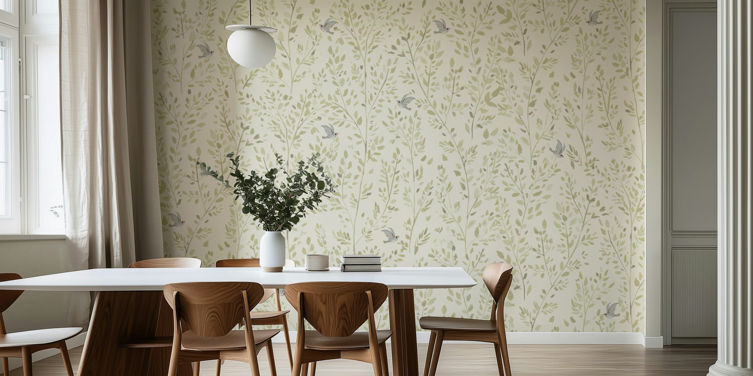 Olive and bird tapetdesign i et rom