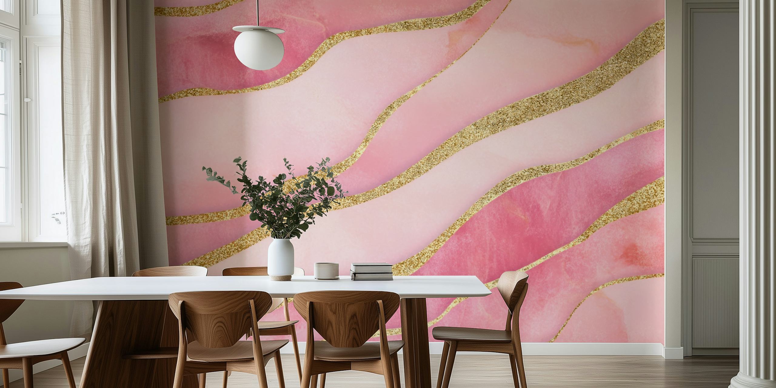 Flowing pink and gold wavy pattern wallpaper