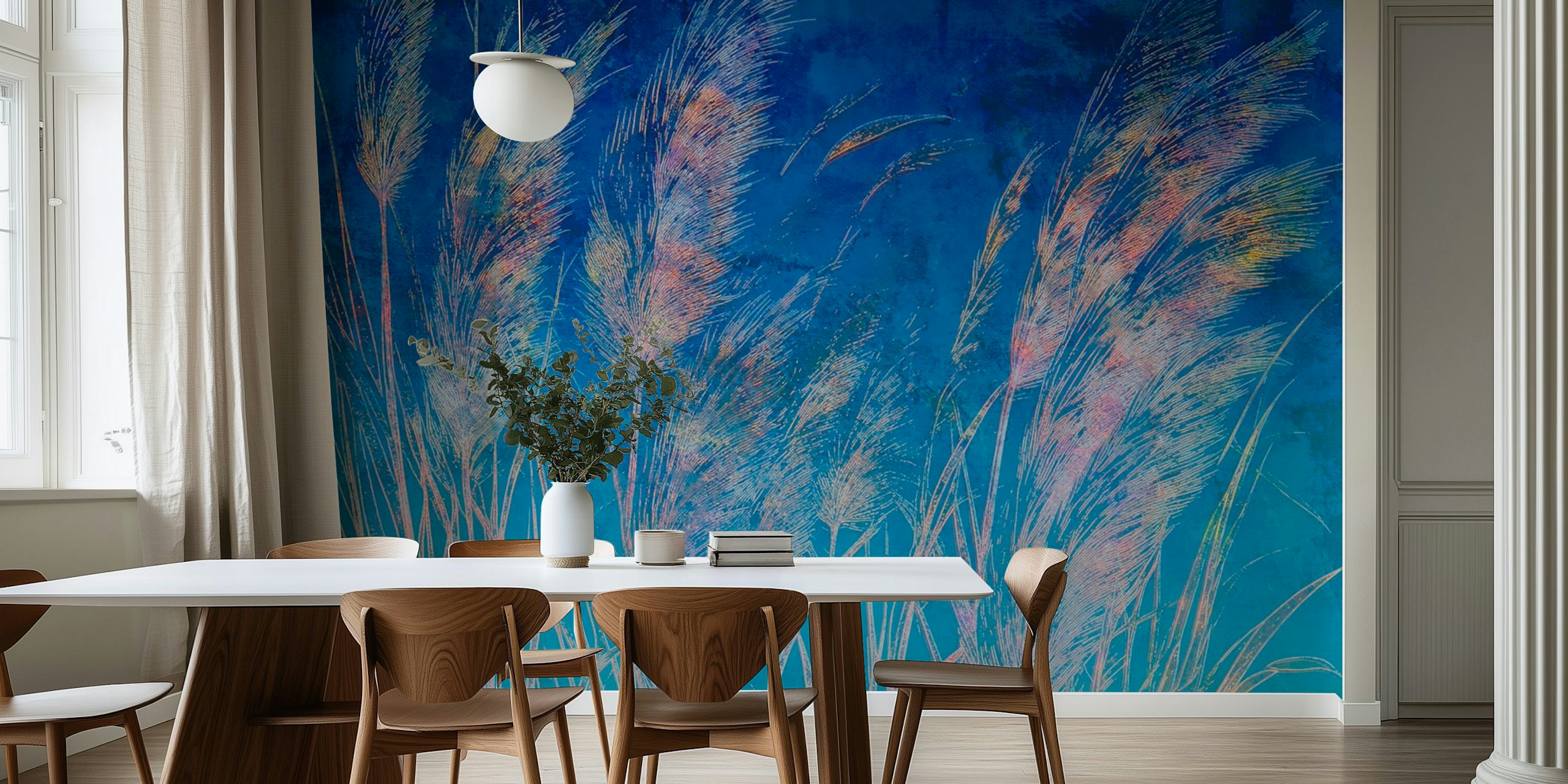 Pampas grass in pastel colors on a blue background wallpaper