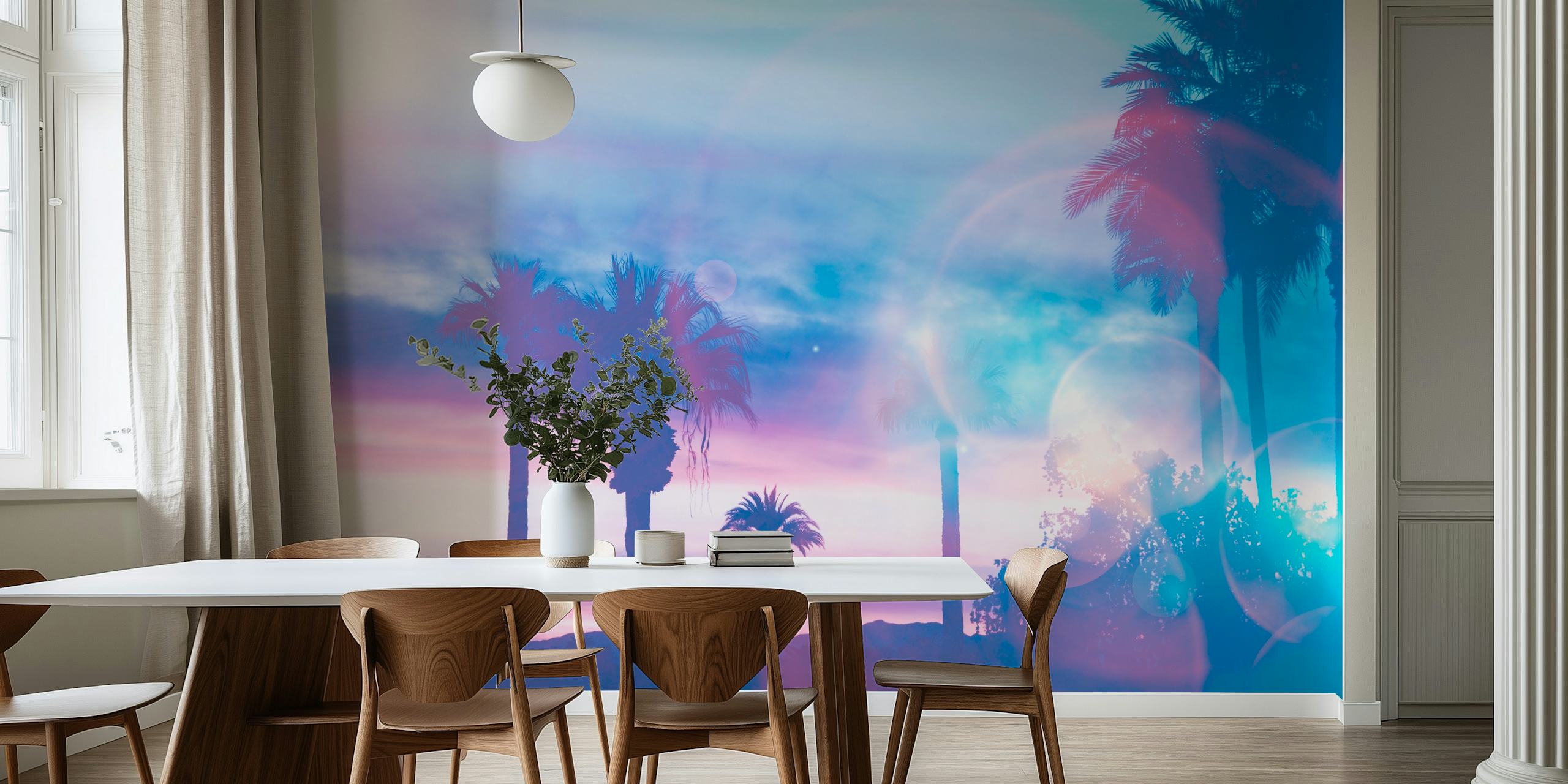 surreal tropical paradise with silhouette palm trees against a gradient dusk sky