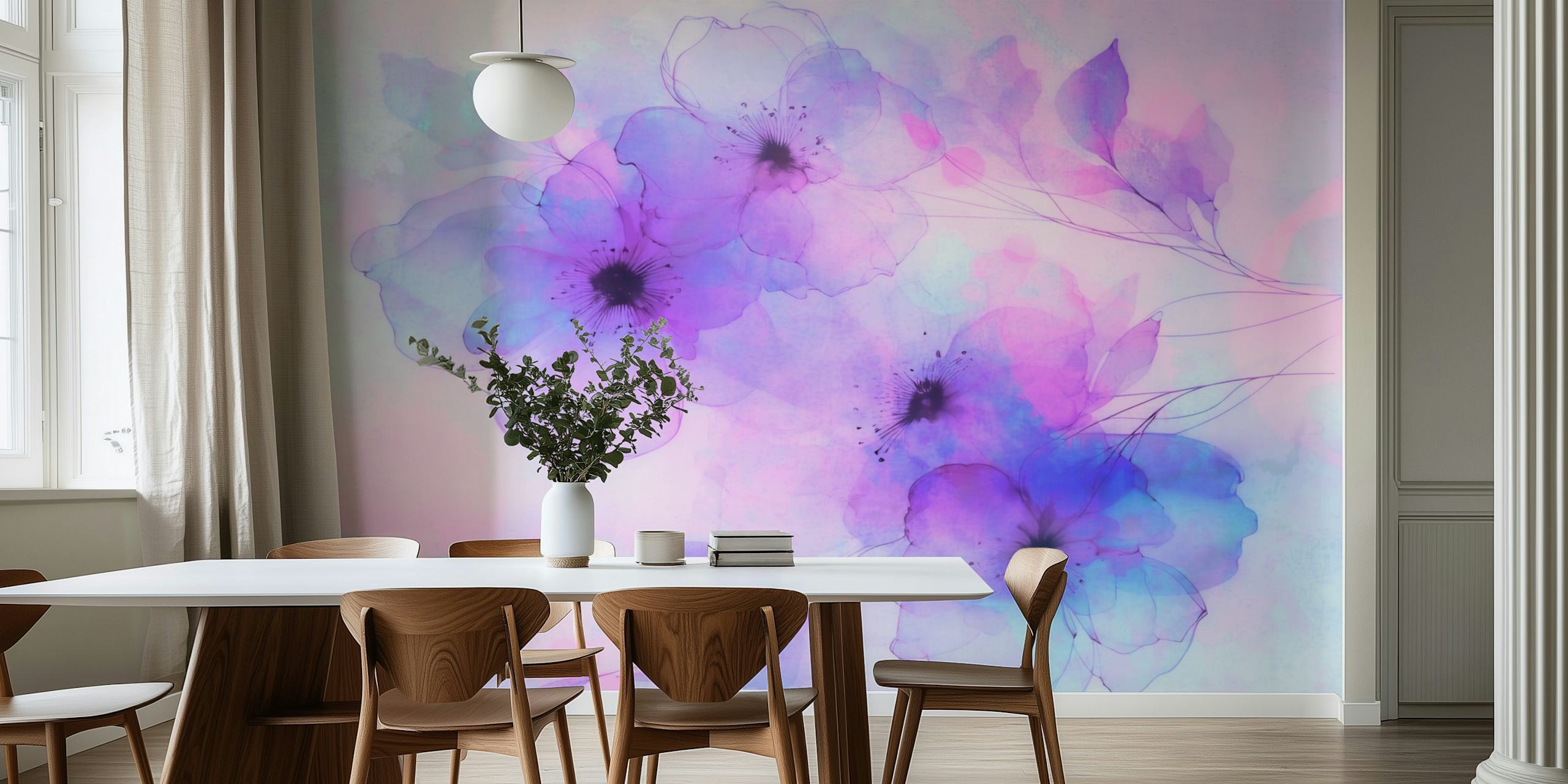 Purple translucent flowers with black centers on a soft pastel background wallpaper