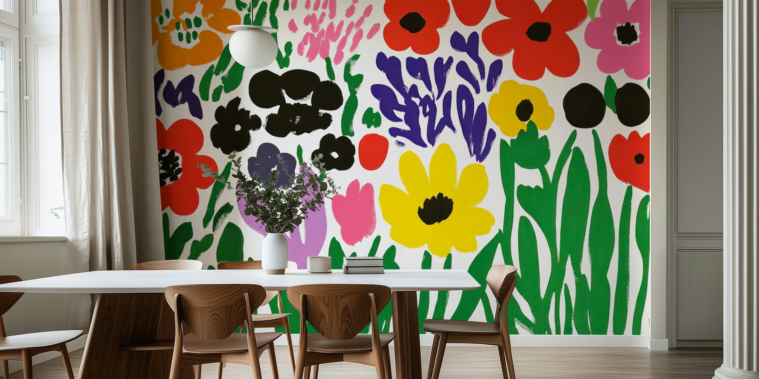 Bold Matisse inspired flower wallpaper in a room