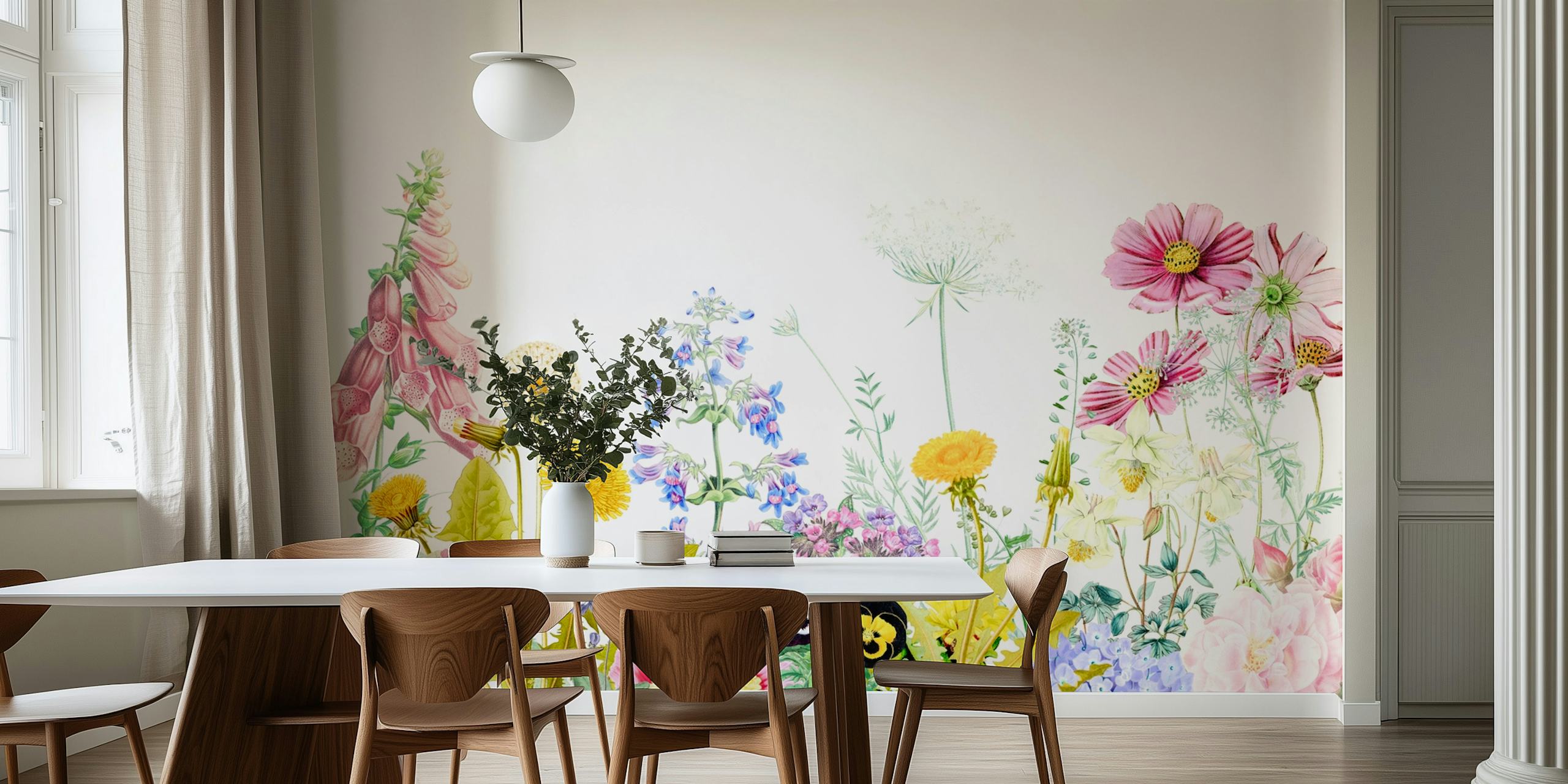 A colorful wall mural of a spring flowers meadow with various blossoms