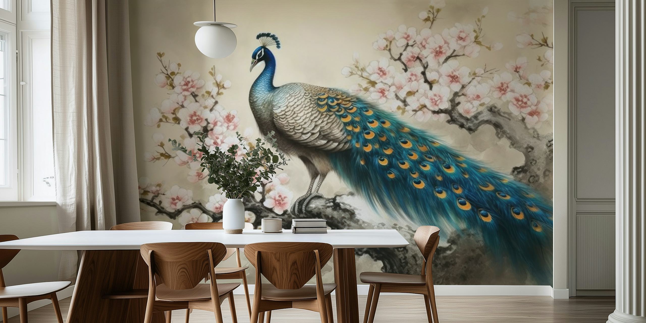 Blue Vintage Peacock Serenity wallpaper in a room