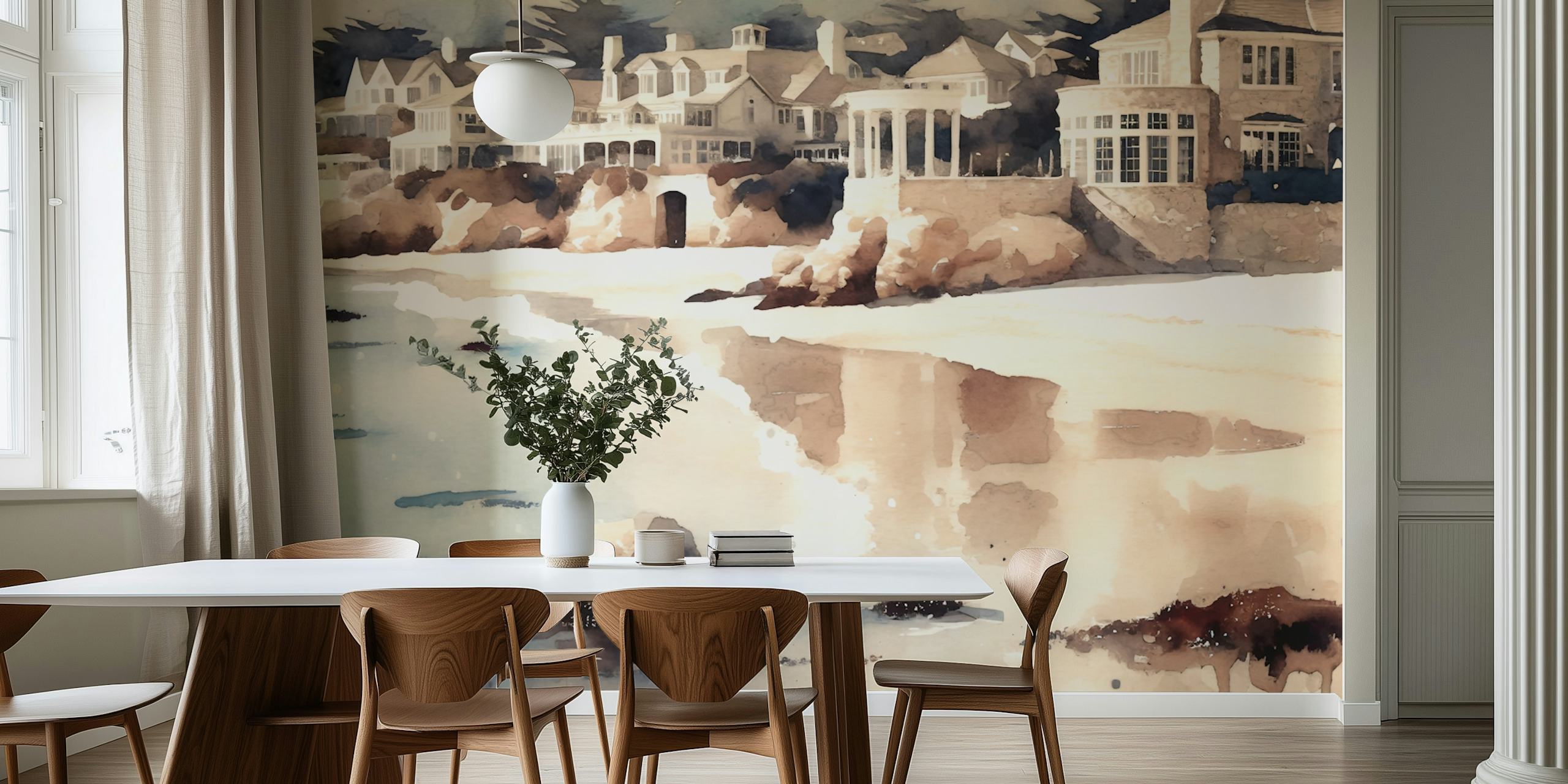 Coastal seaside view with houses and blue water watercolor wallpaper