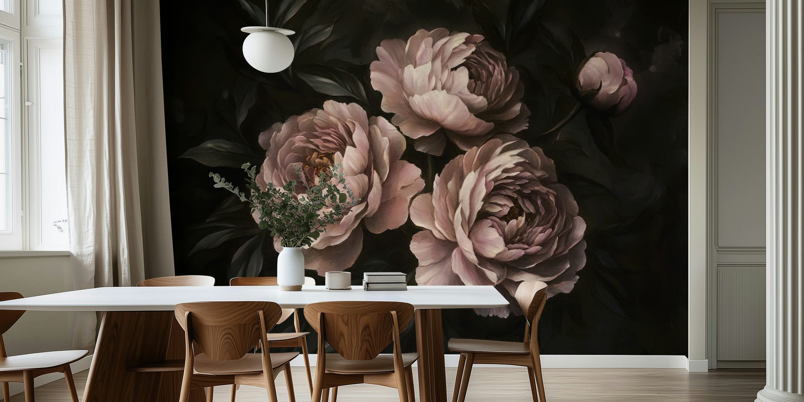 Three dark pink peonies on a black background wallpaper