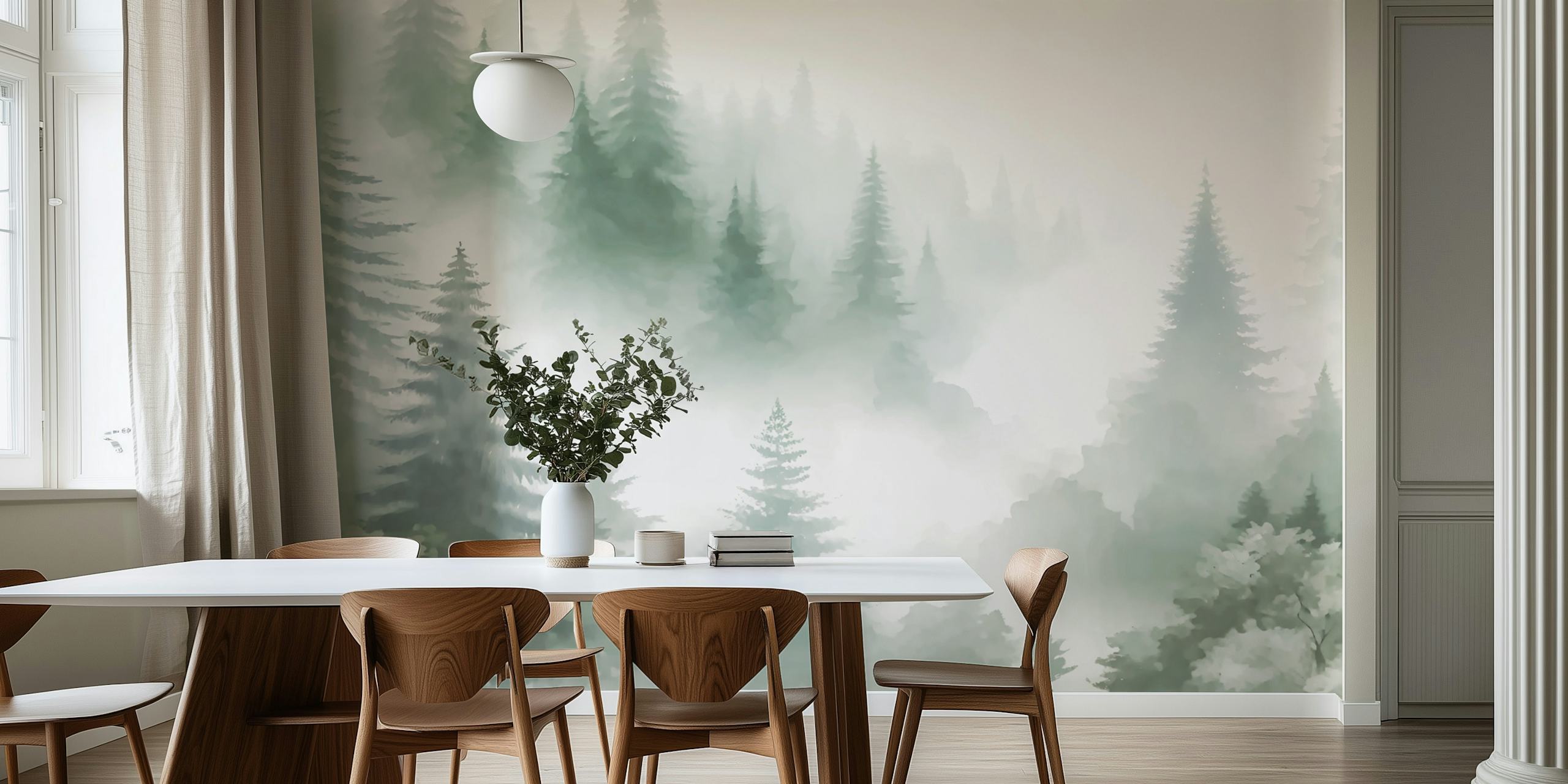Misty Pine Forest Peaks wallpaper in a room