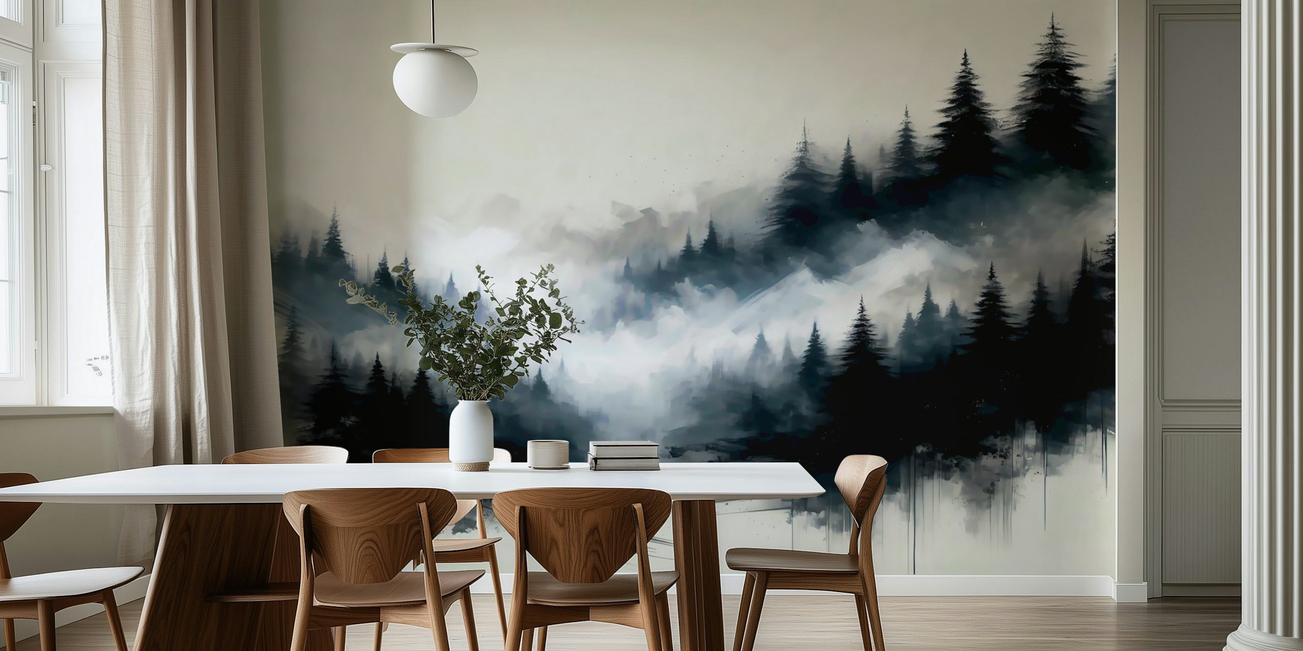 Misty Moody Morning Pines tapet i et rum
