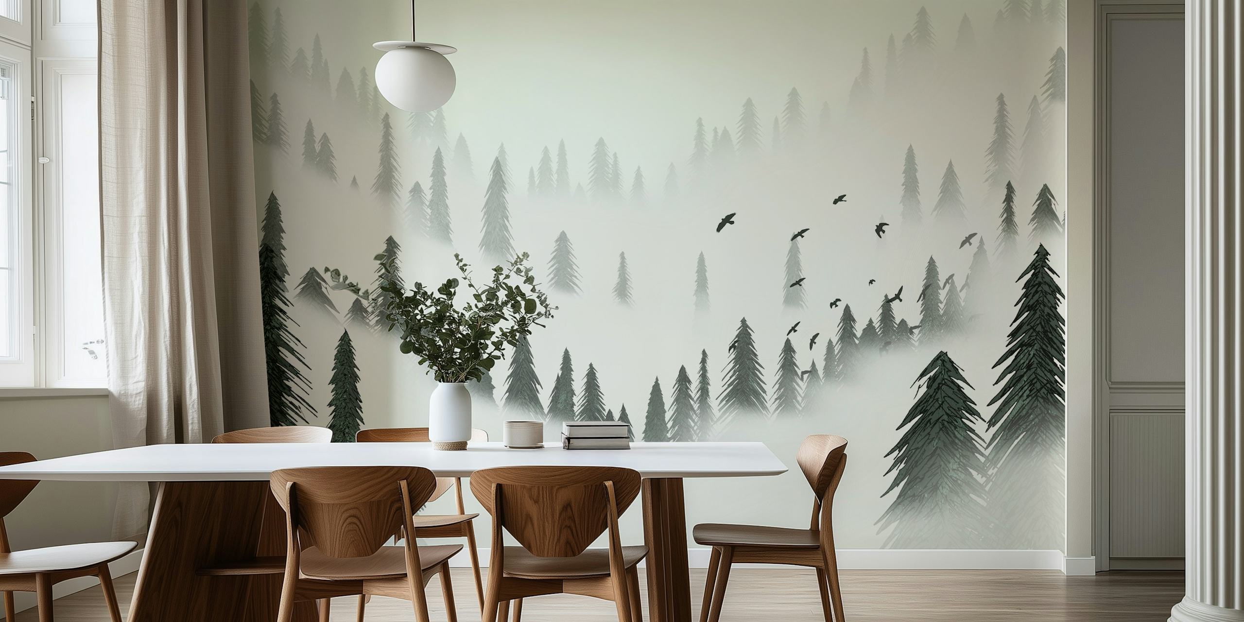 Silhouettes of tall evergreen trees in misty gray tones wallpaper