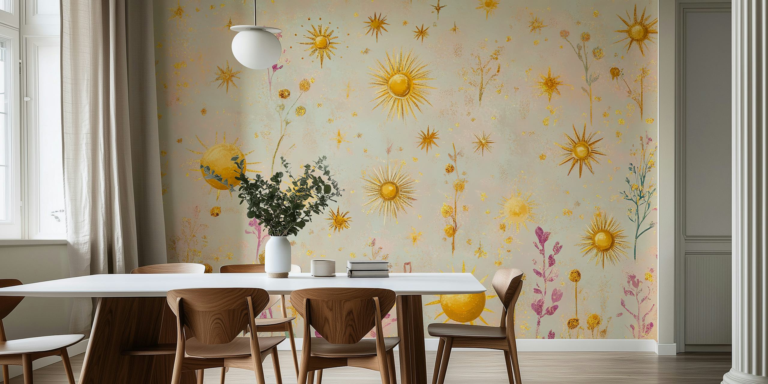 Gold suns and flowers on a pastel background wallpaper