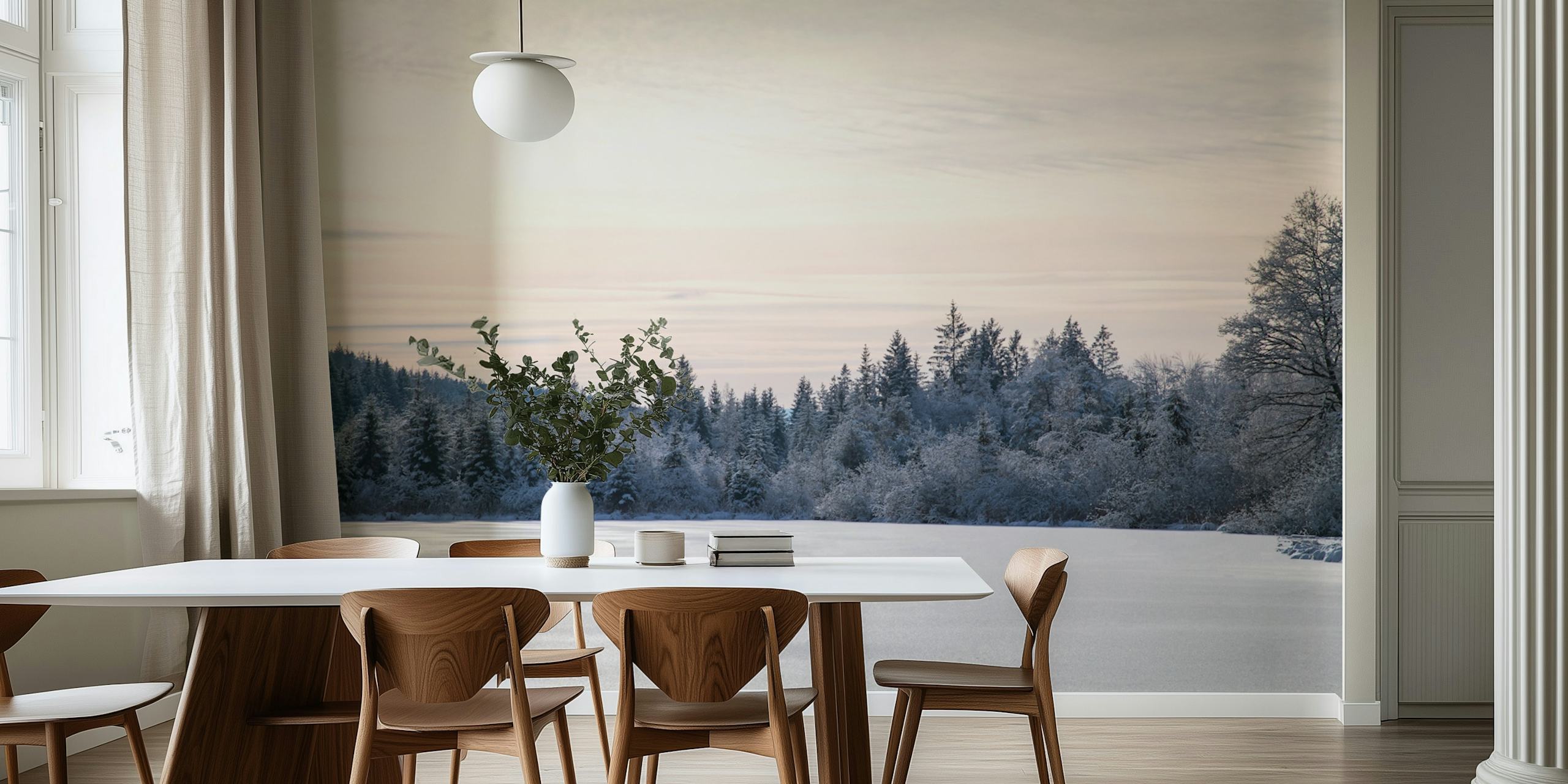Snowy pine trees with pastel colors wallpaper
