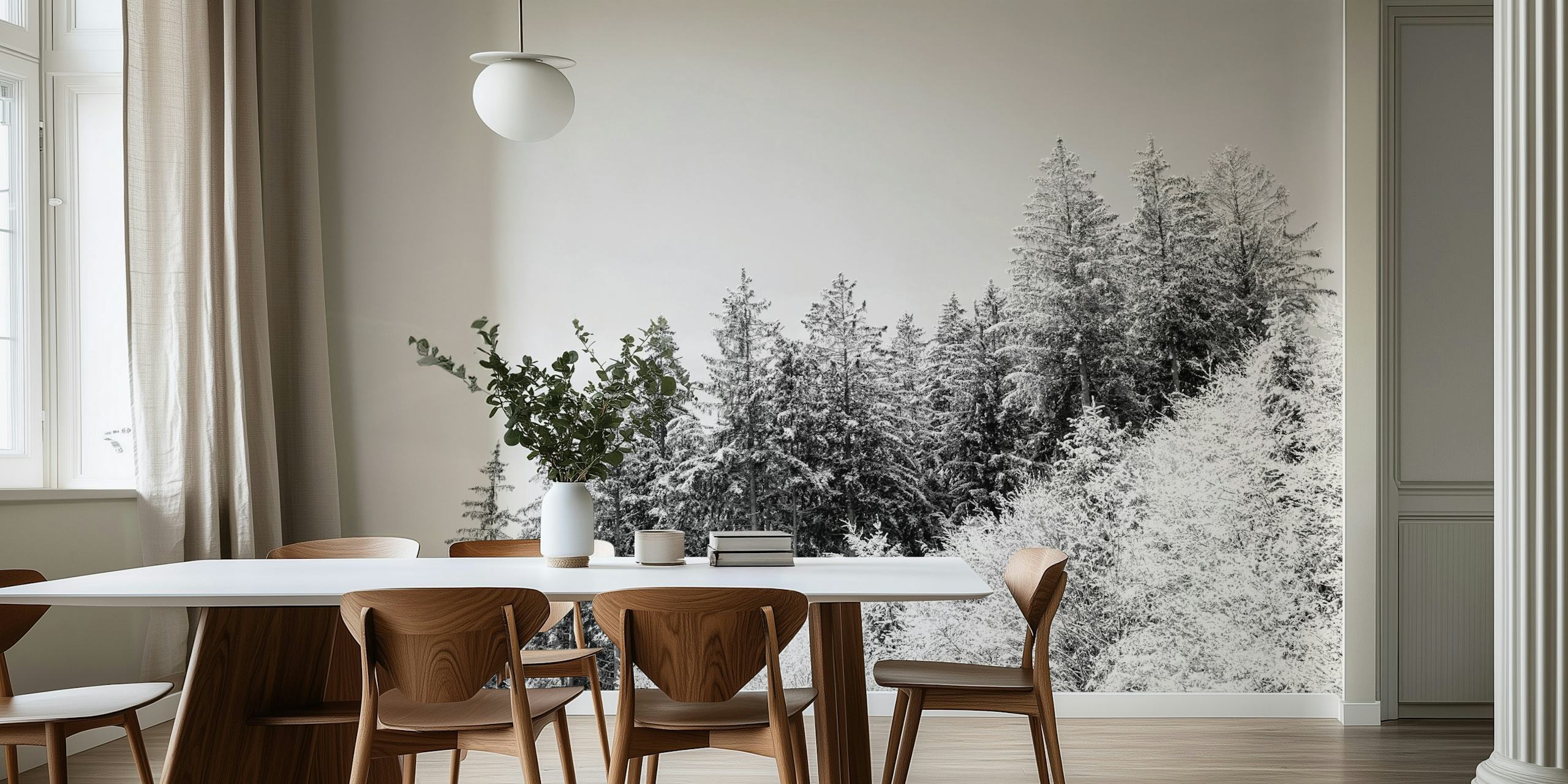Snow-covered evergreen trees on a gray background wallpaper