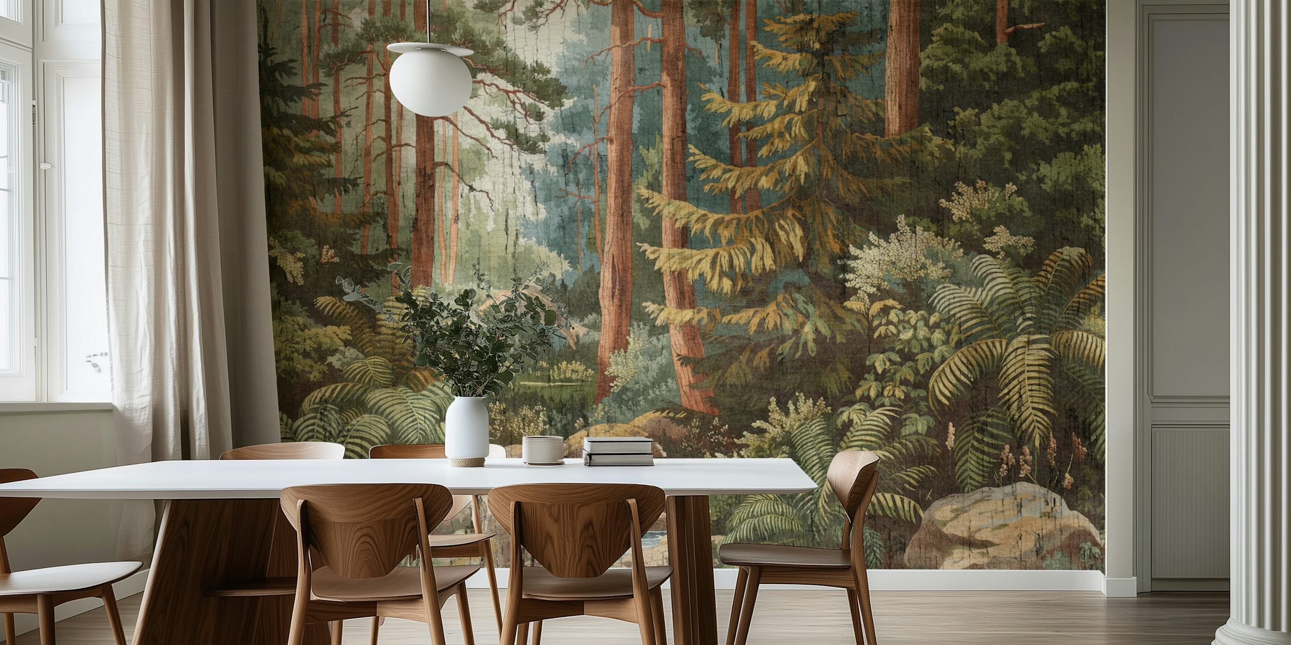 Wooded landscape with tall trees, ferns, and a stream wallpaper