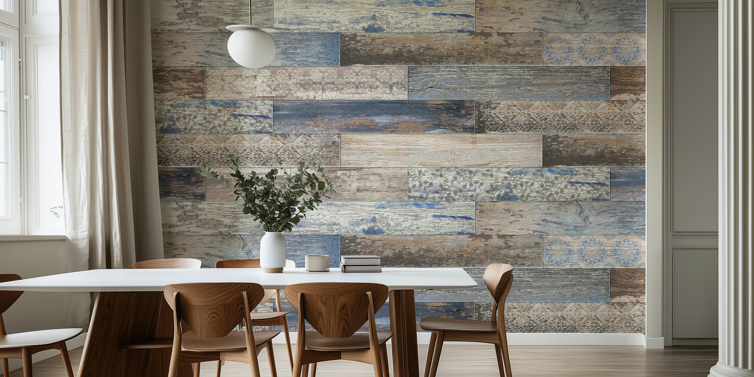 Vintage Wood Tiles Capri Blue τοίχου με ρουστίκ φθαρμένες σανίδες σε αποχρώσεις του μπλε και του καφέ.