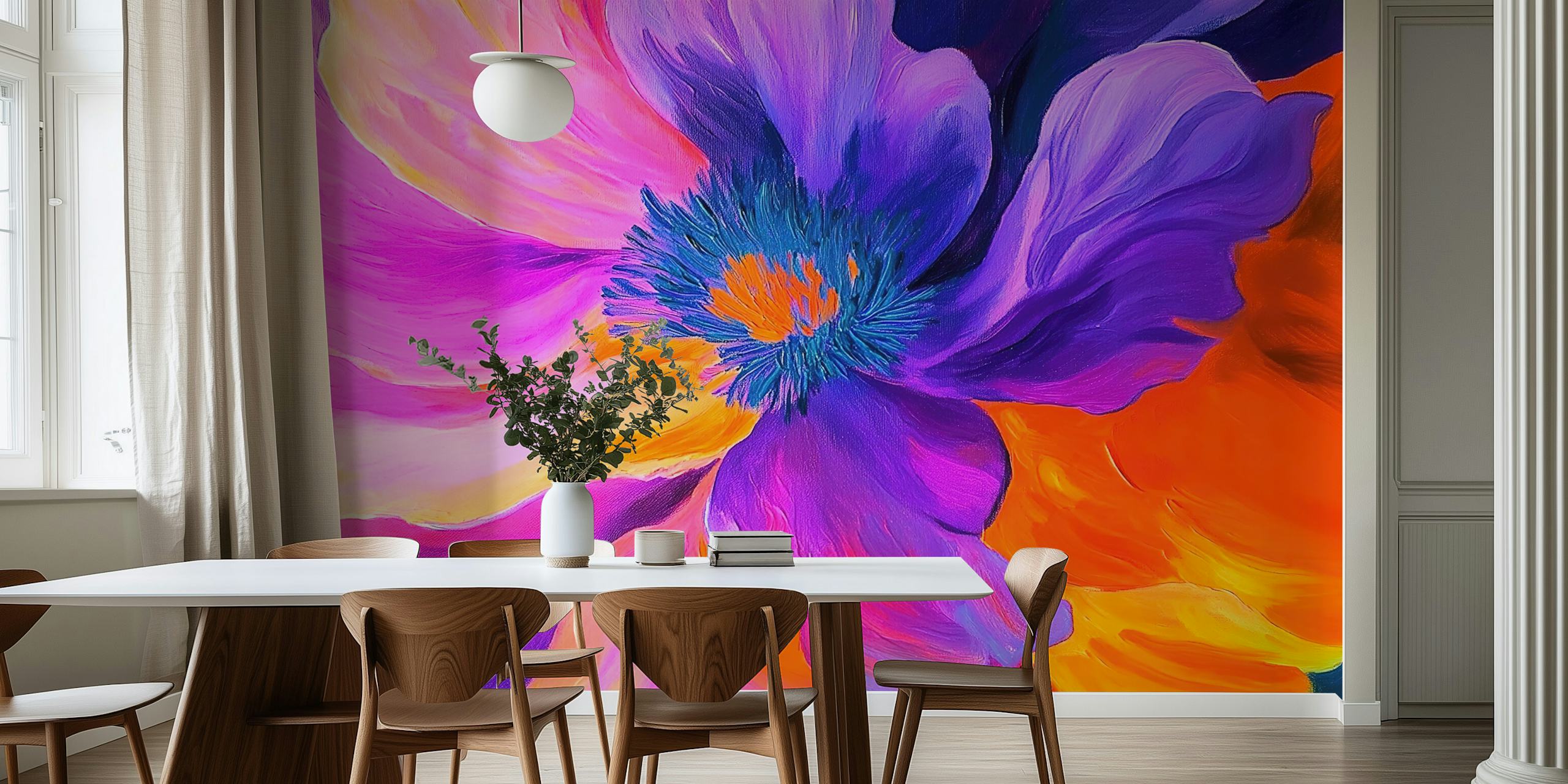 Groot paarse en oranje bloem met diepe details, abstracte kunst wallpaper