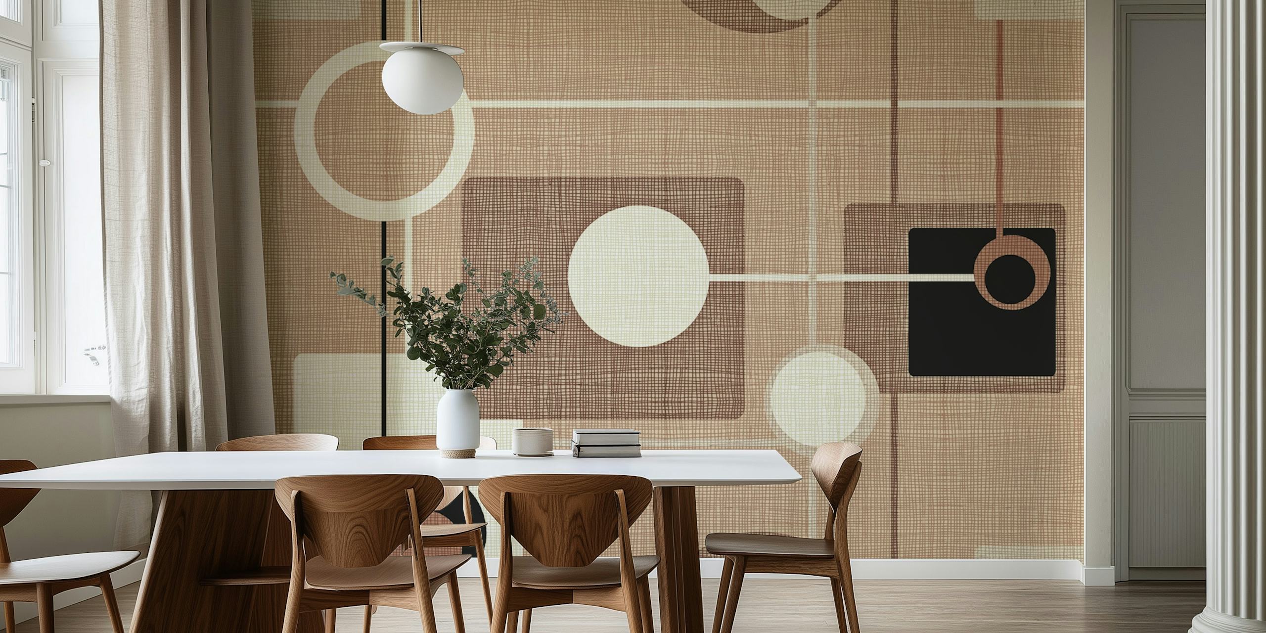 Mid-Century Motif Mocha Tapete in einem Raum