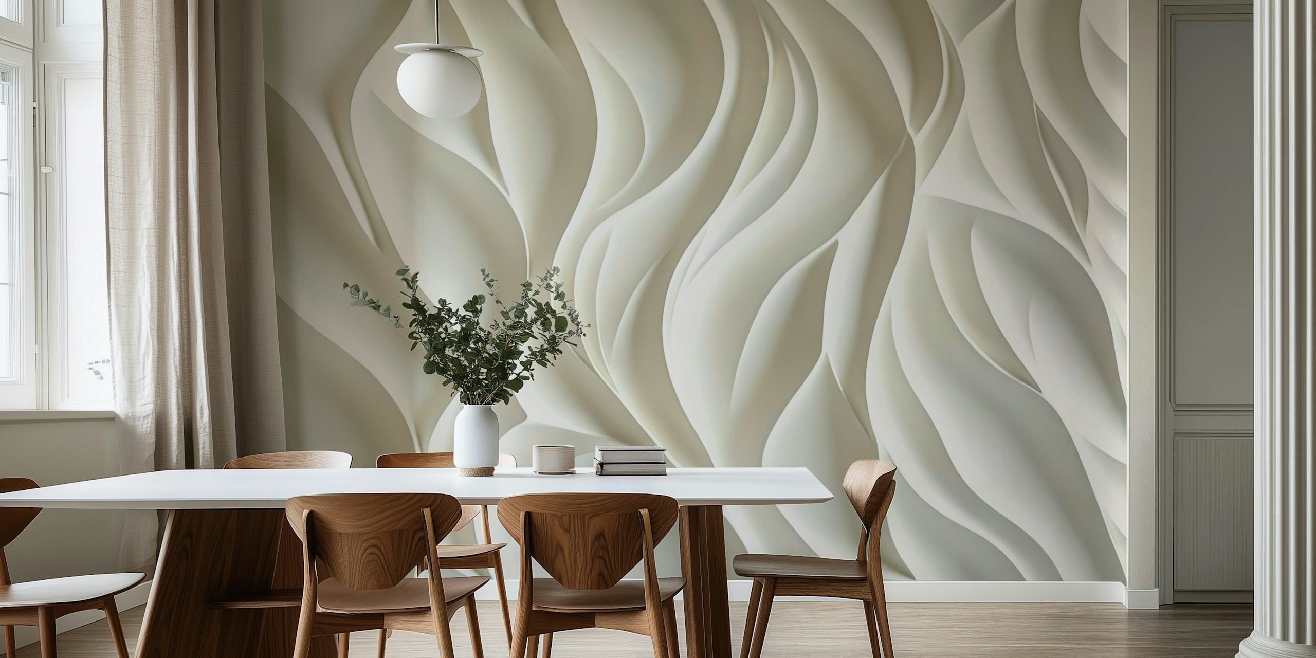 Flowing wave pattern in textured off-white wallpaper