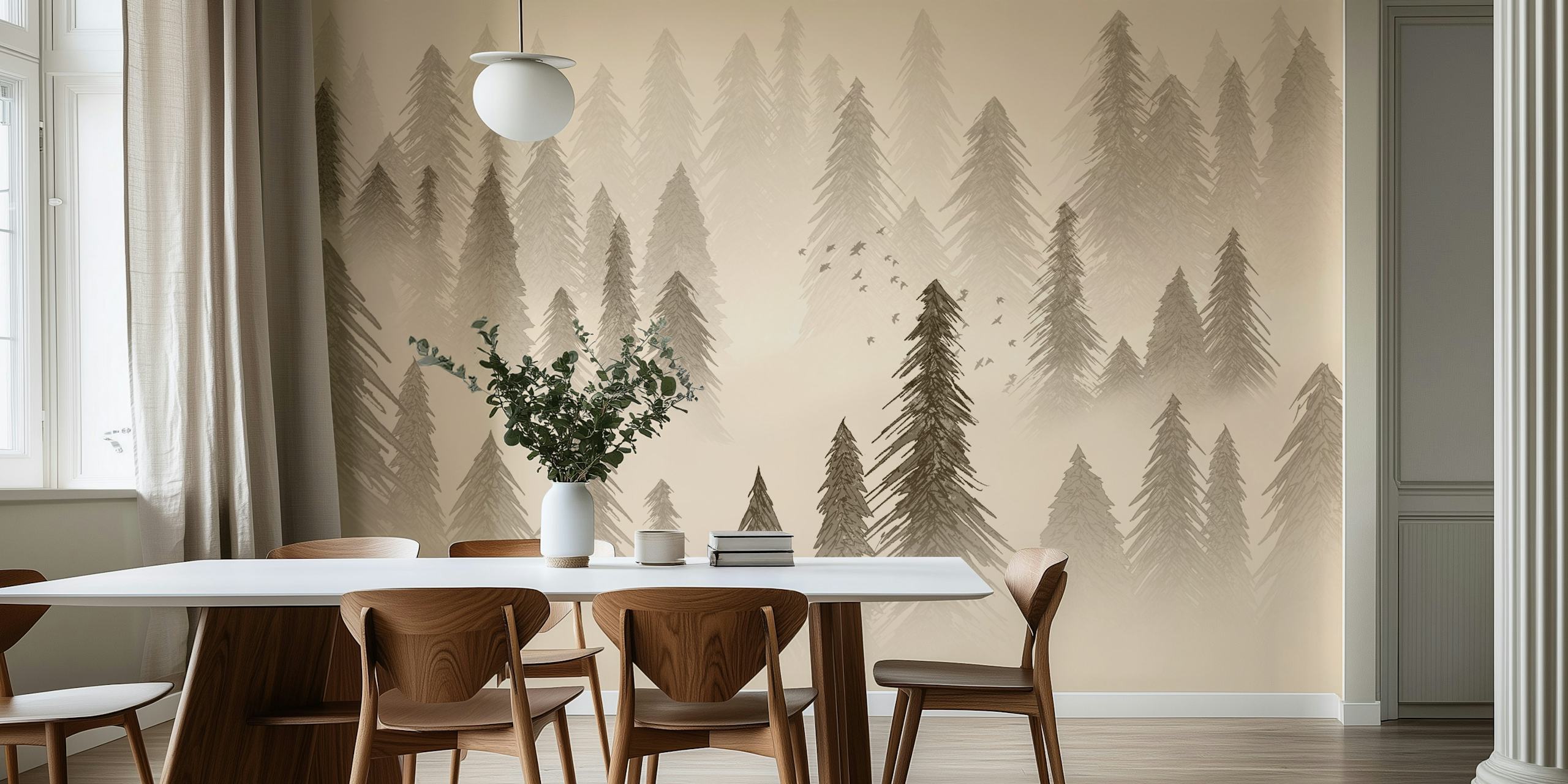 Tree silhouettes in sepia tones with misty background wallpaper