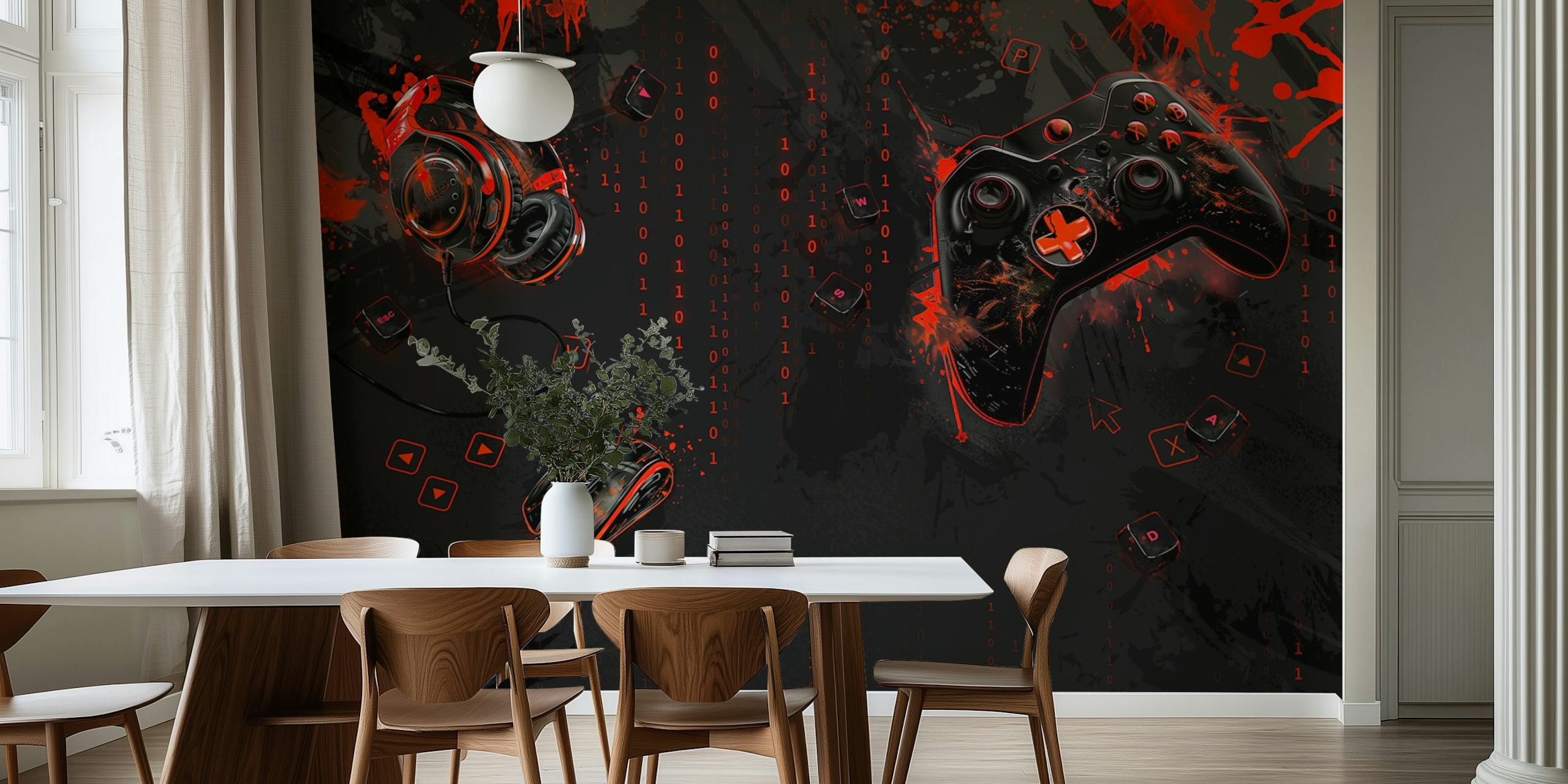 Gaming equipment including a headset, controller and mouse in red and black colors on a wall mural