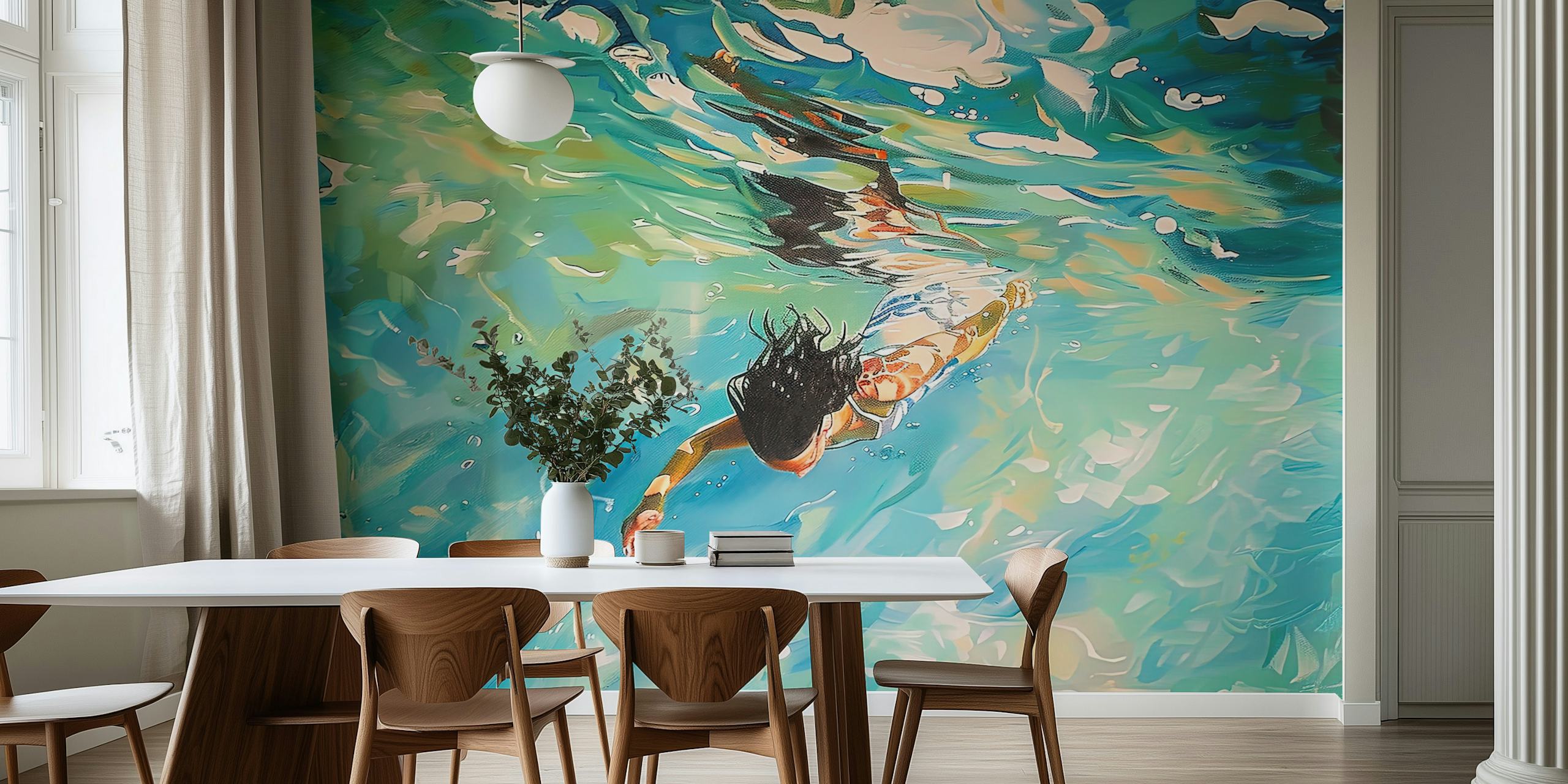 A person swimming underwater surrounded by turquoise and aqua tones abstract wallpaper