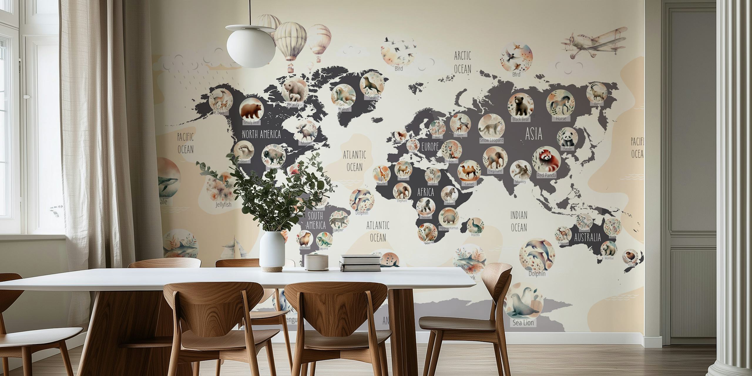 Tapeta Chic Wildlife World Map w pokoju