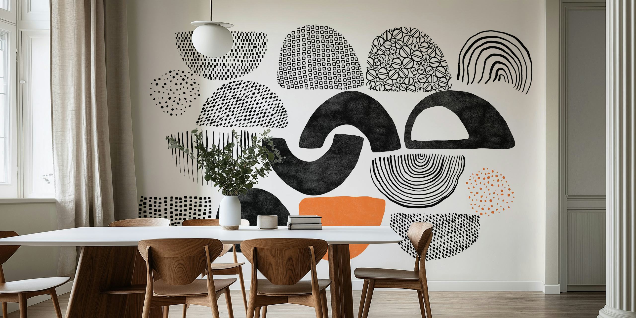 Abstract black and orange shapes on white background wallpaper