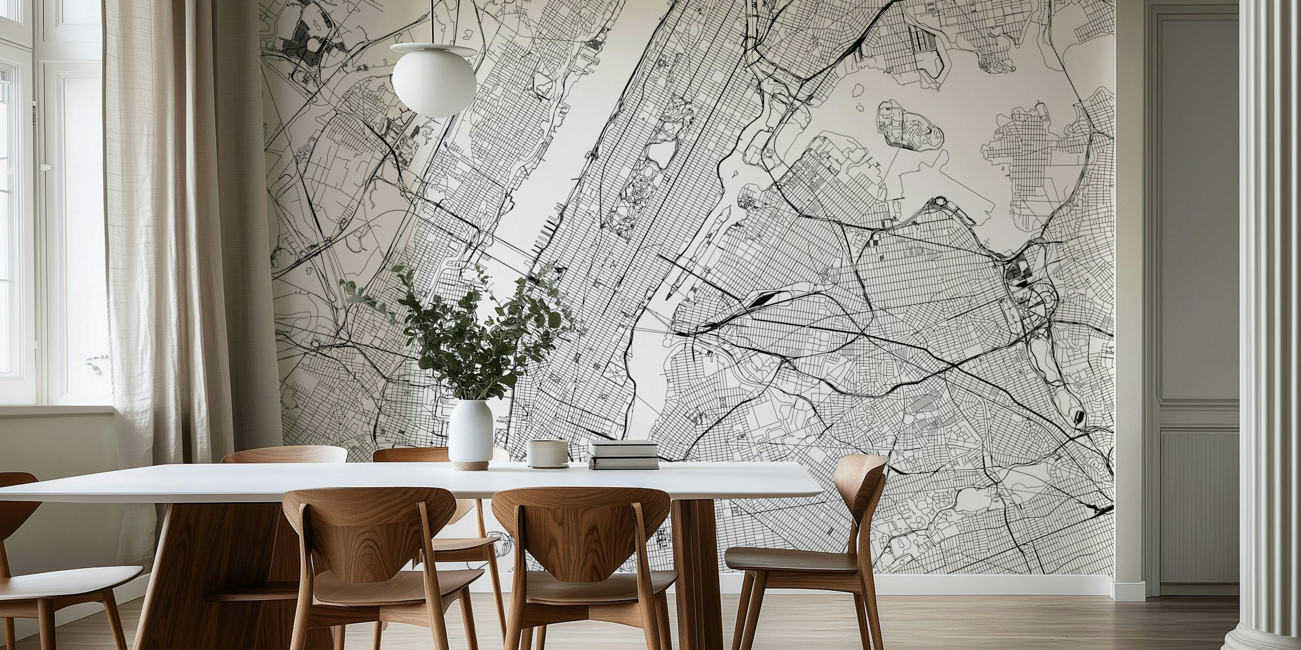 Black and white New York City map wallpaper featuring streets and neighborhoods