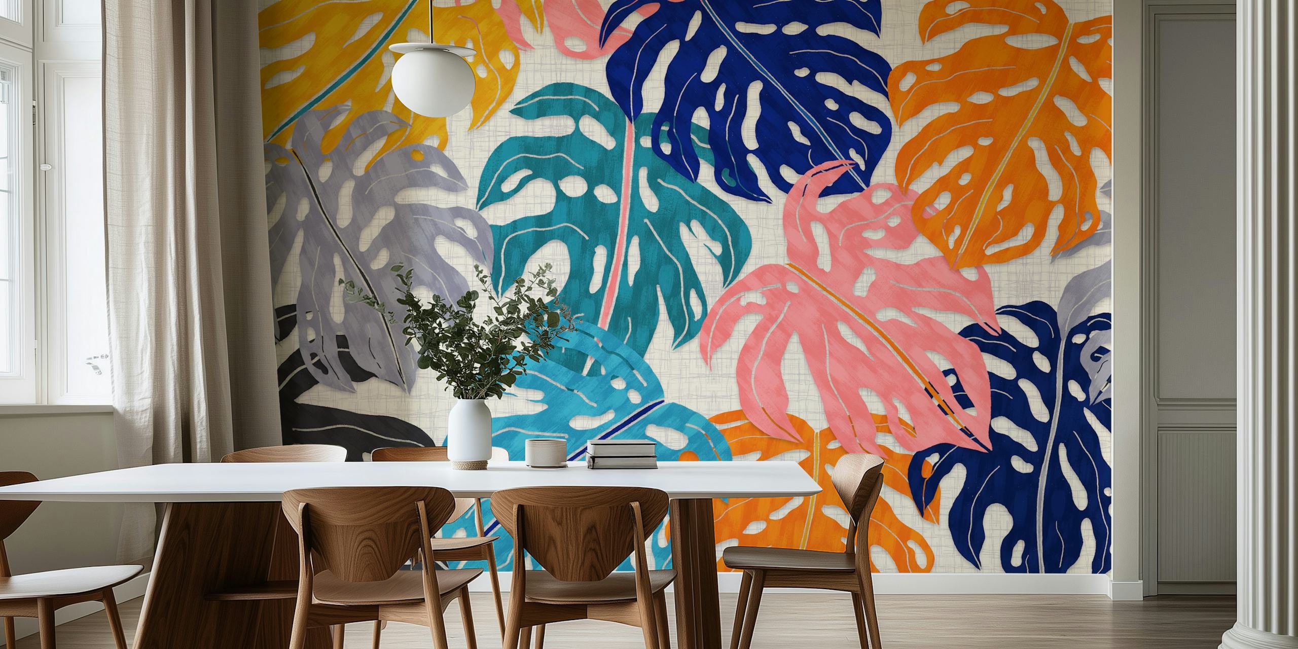 Colorful Monstera leaves in orange, pink, blue, and gray on a textured white background wallpaper