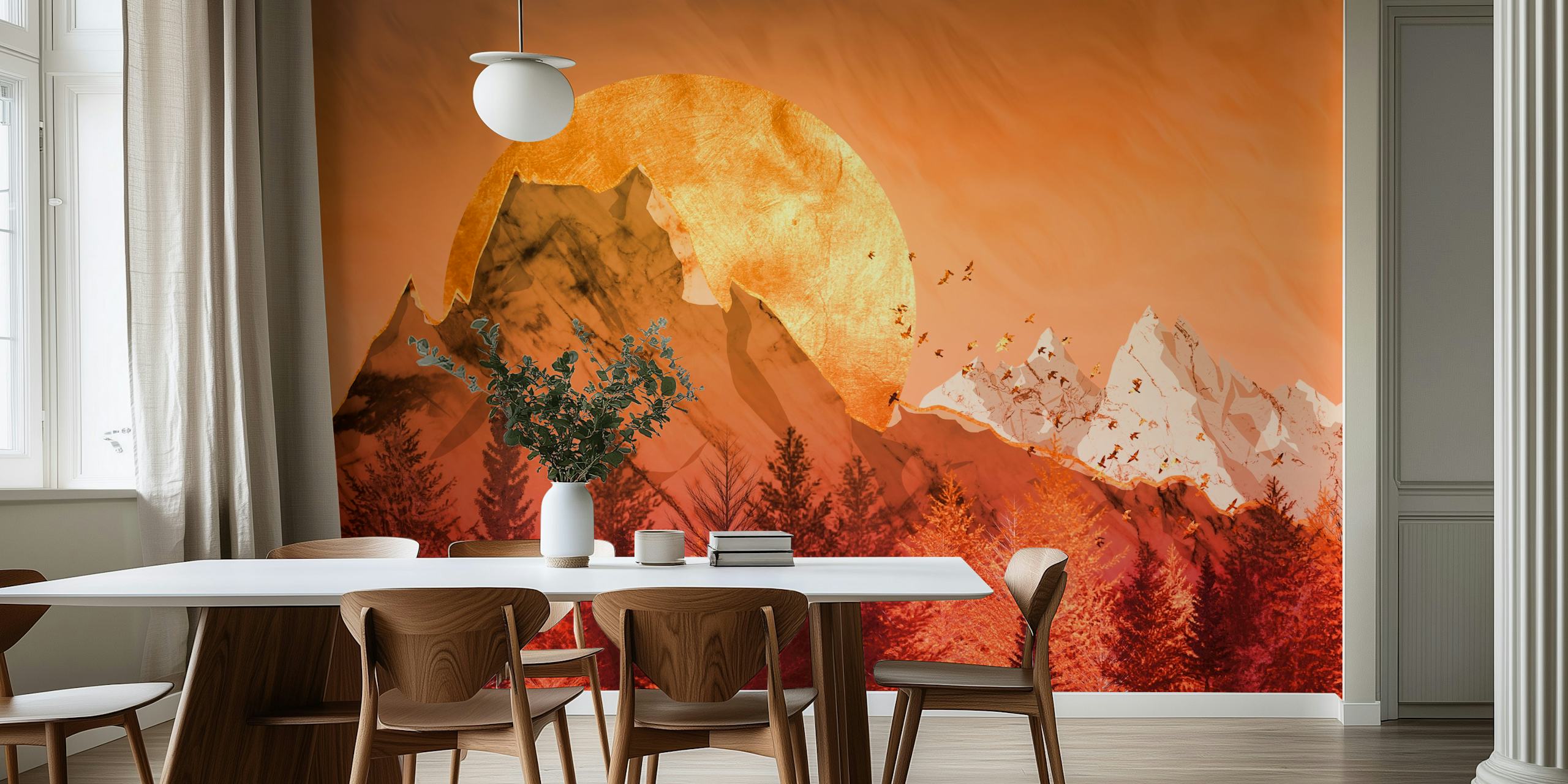 Golden sunset over red mountains and black trees wallpaper