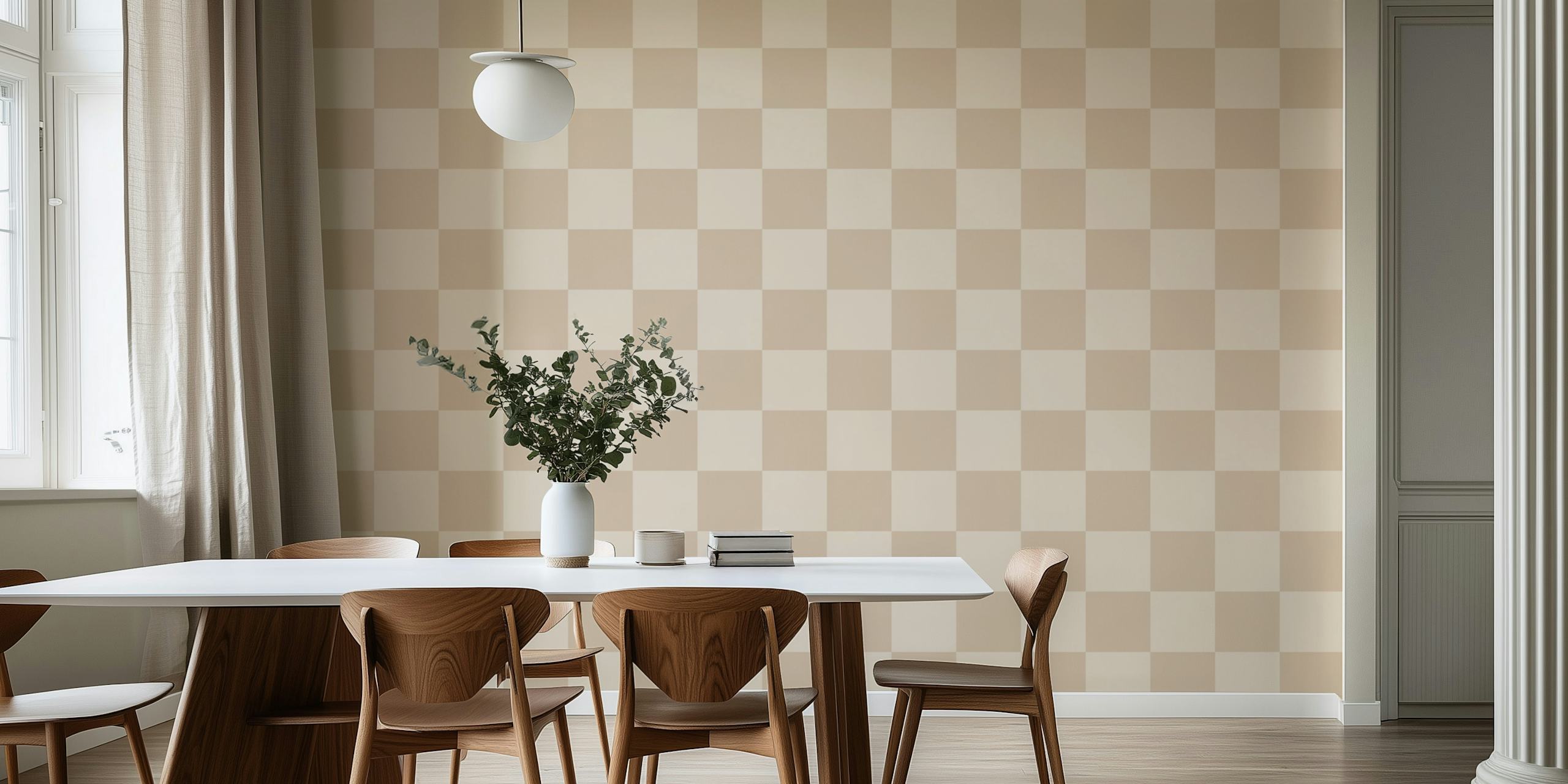 Checkerboard sand and beige wallpaper in a room