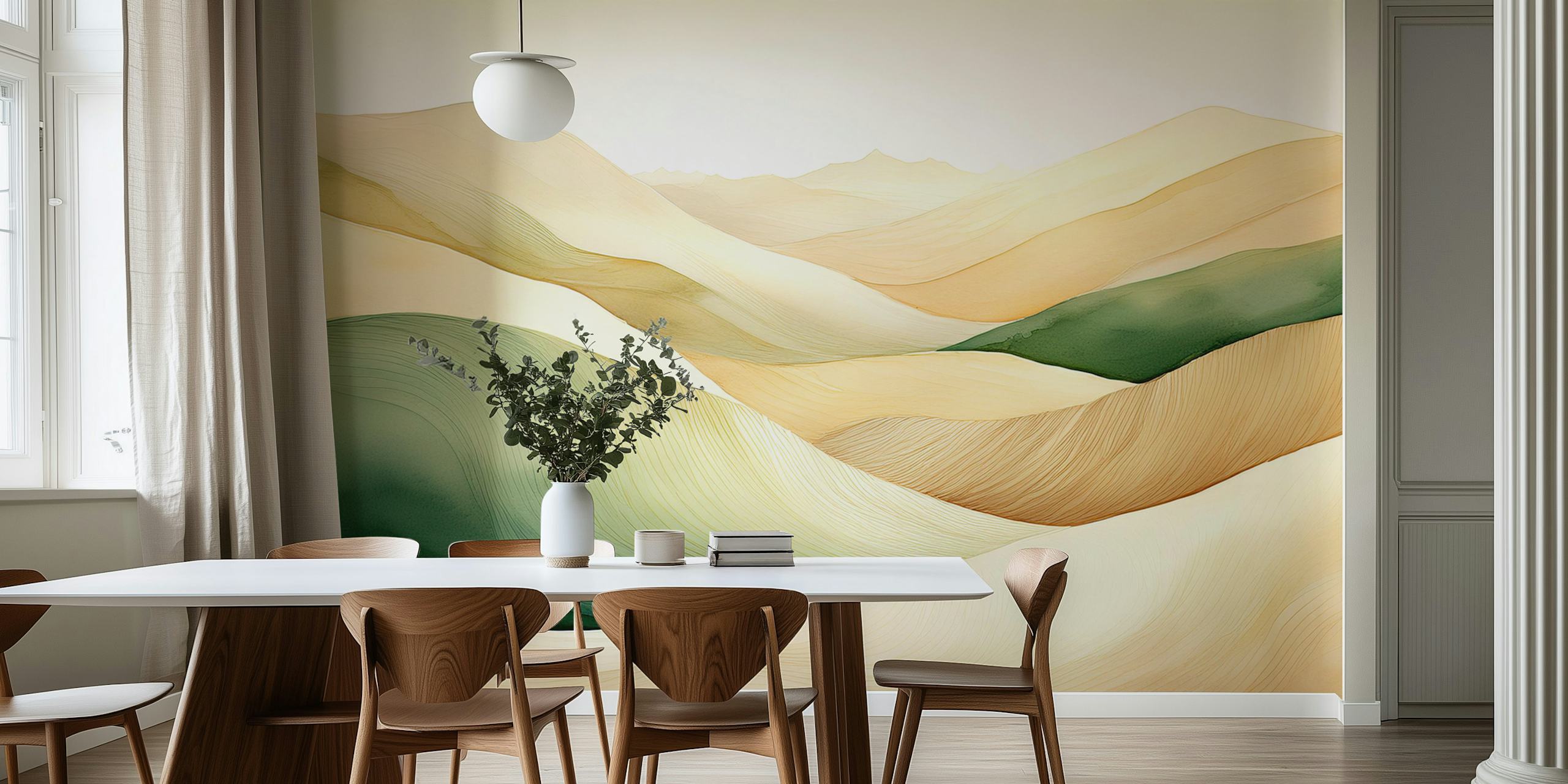 Abstract rolling hills in soft green, beige, and cream tones wallpaper