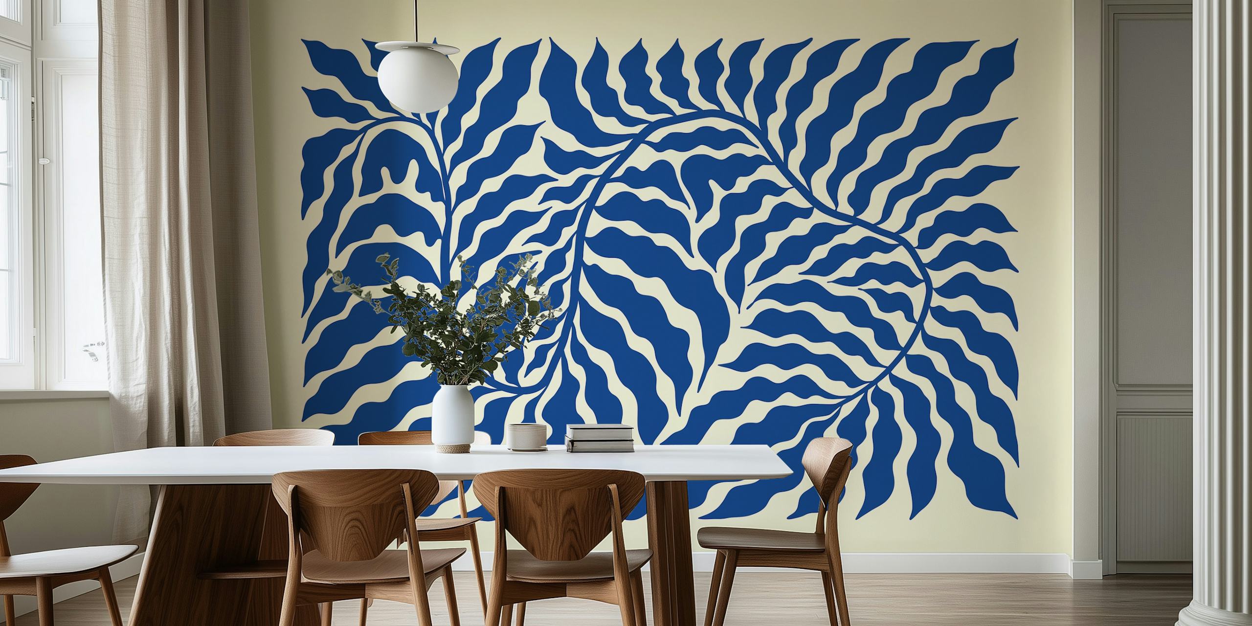 Abstract blue botanical leaves design on beige wallpaper