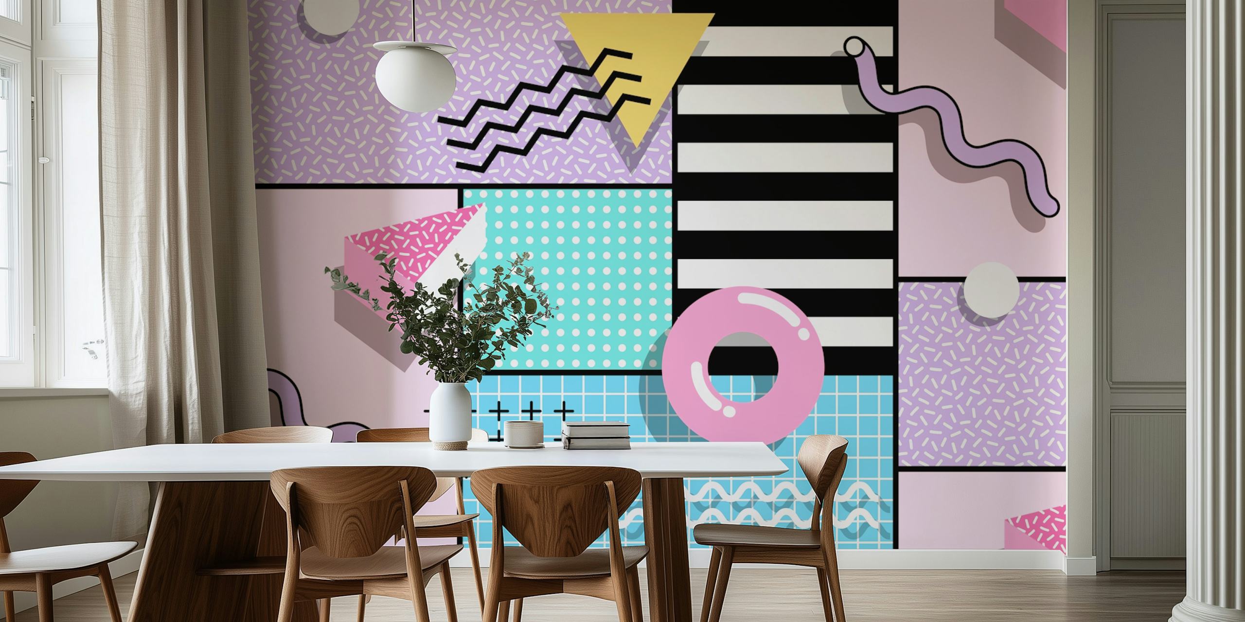 Colorful geometric patterns with pink, yellow, black, and blue in a retro style wallpaper
