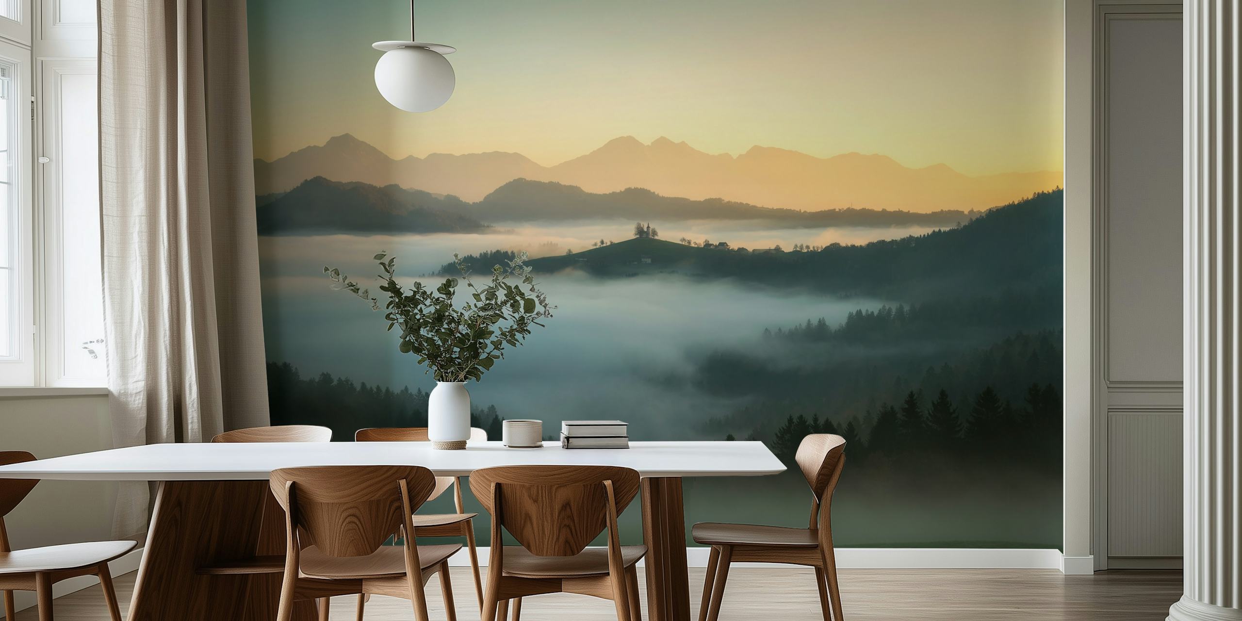 Misty mountain landscape fading into morning light wallpaper