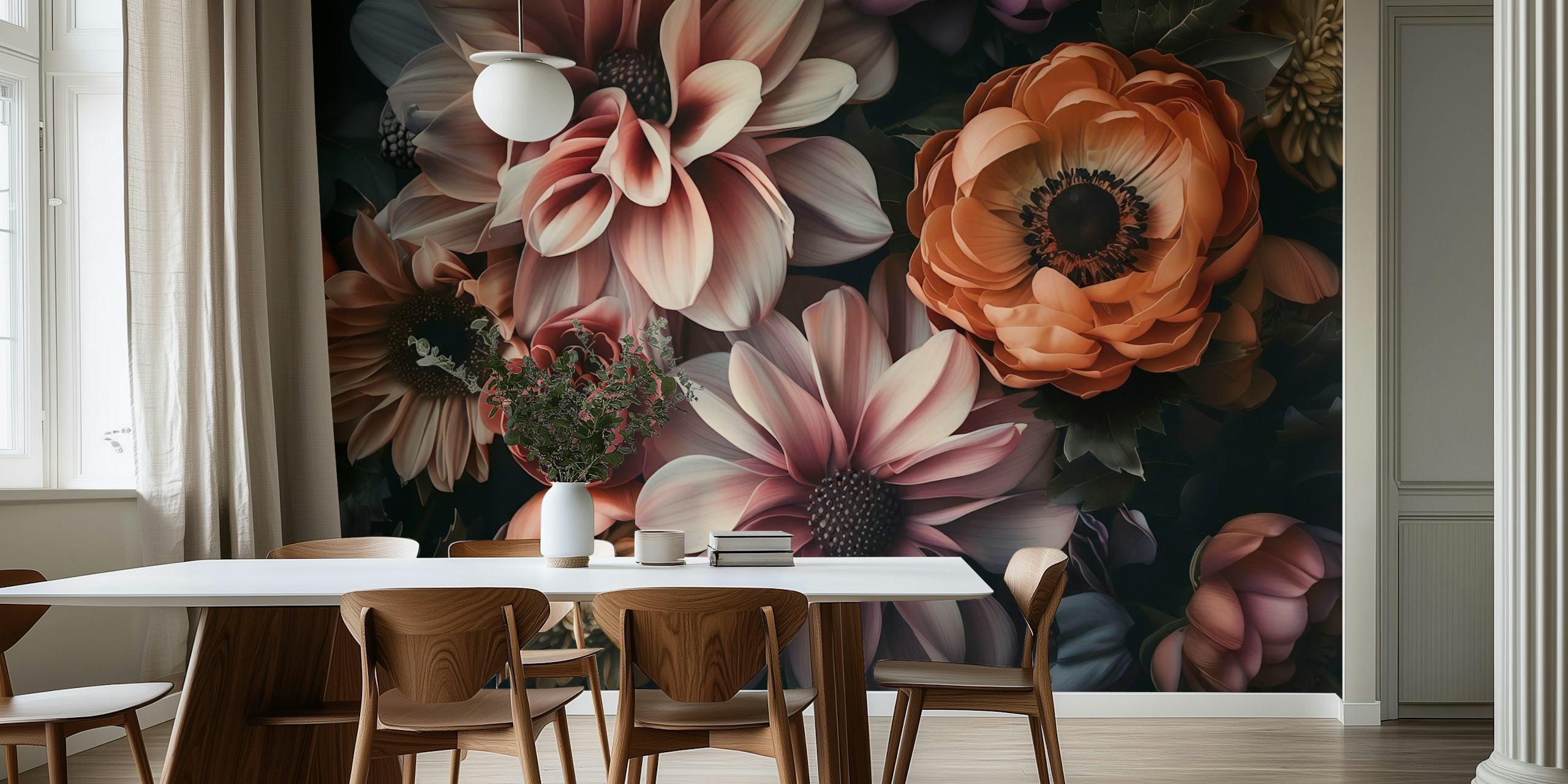 Dark floral design with soft pink and orange flowers, wallpaper