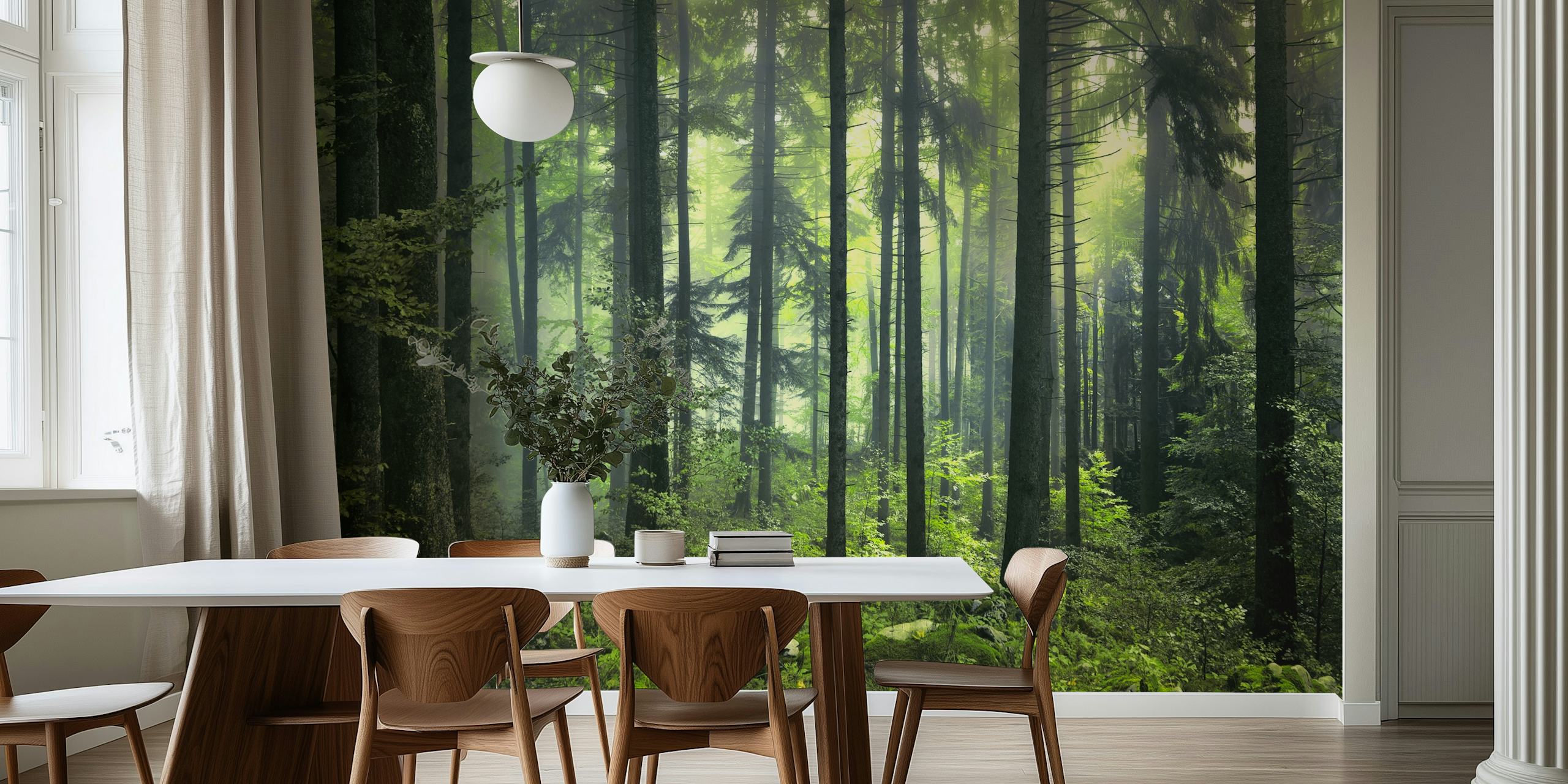 Dense green forest with tall trees and foliage wallpaper