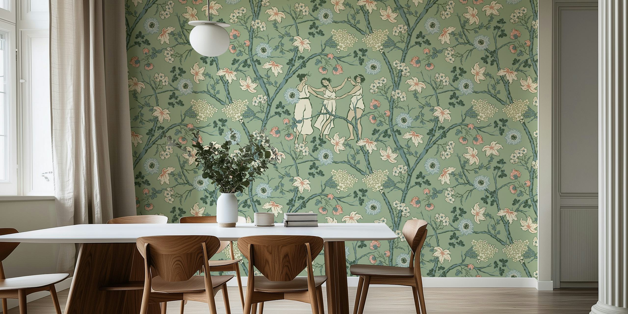 Midsummer dance on green wallpaper in a room