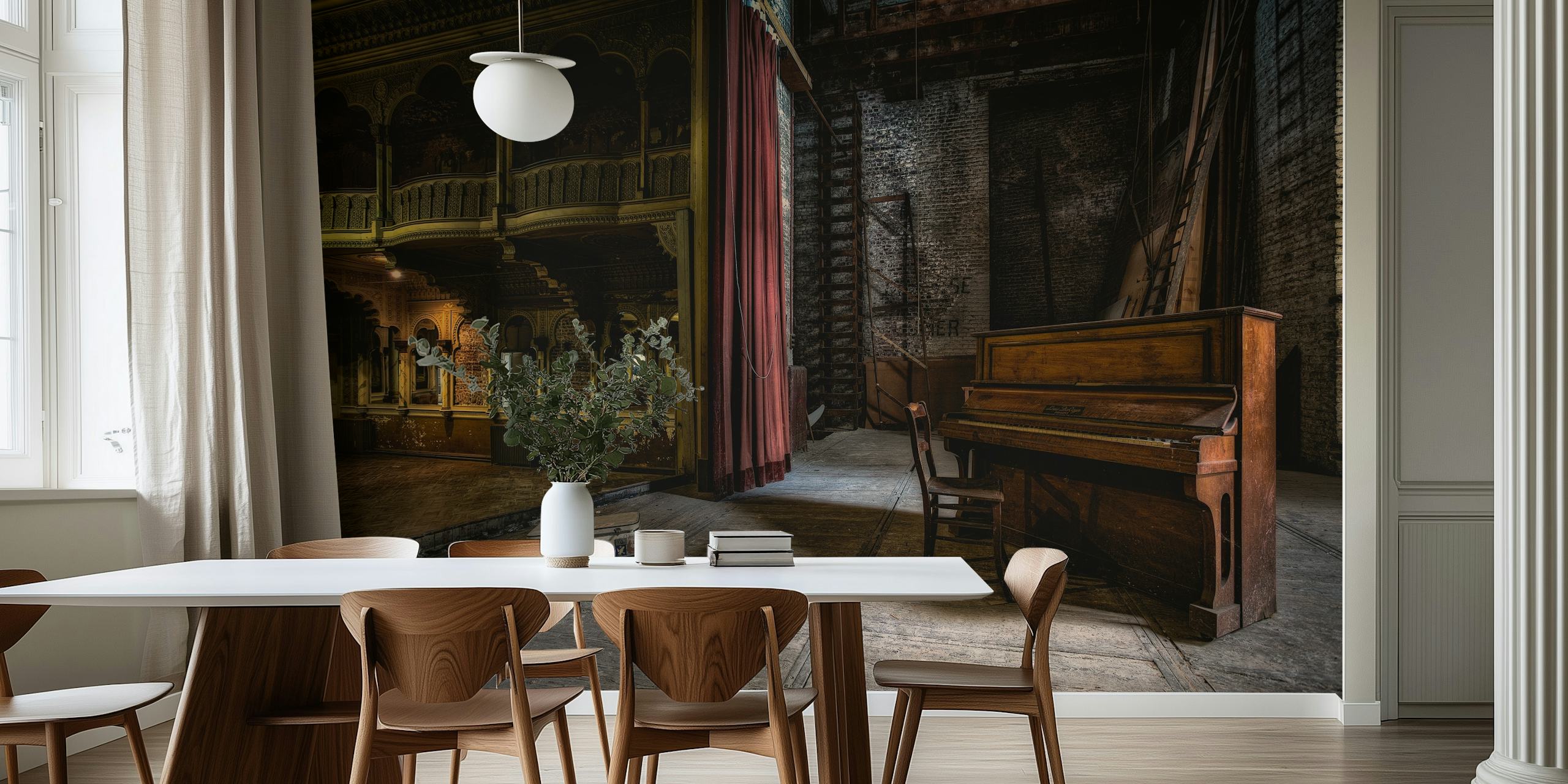 Vintage theater interior with wood piano, red curtains, and aged walls wallpaper